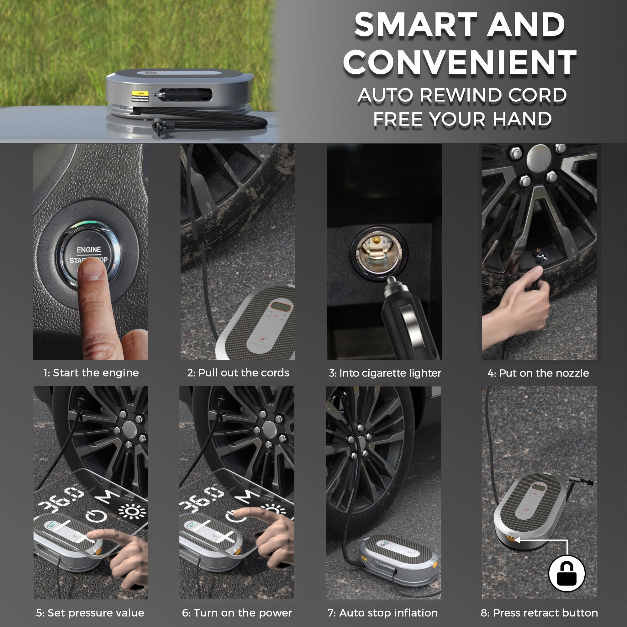 Smart and convenient auto rewind cord product with usage instructions on a gray background.