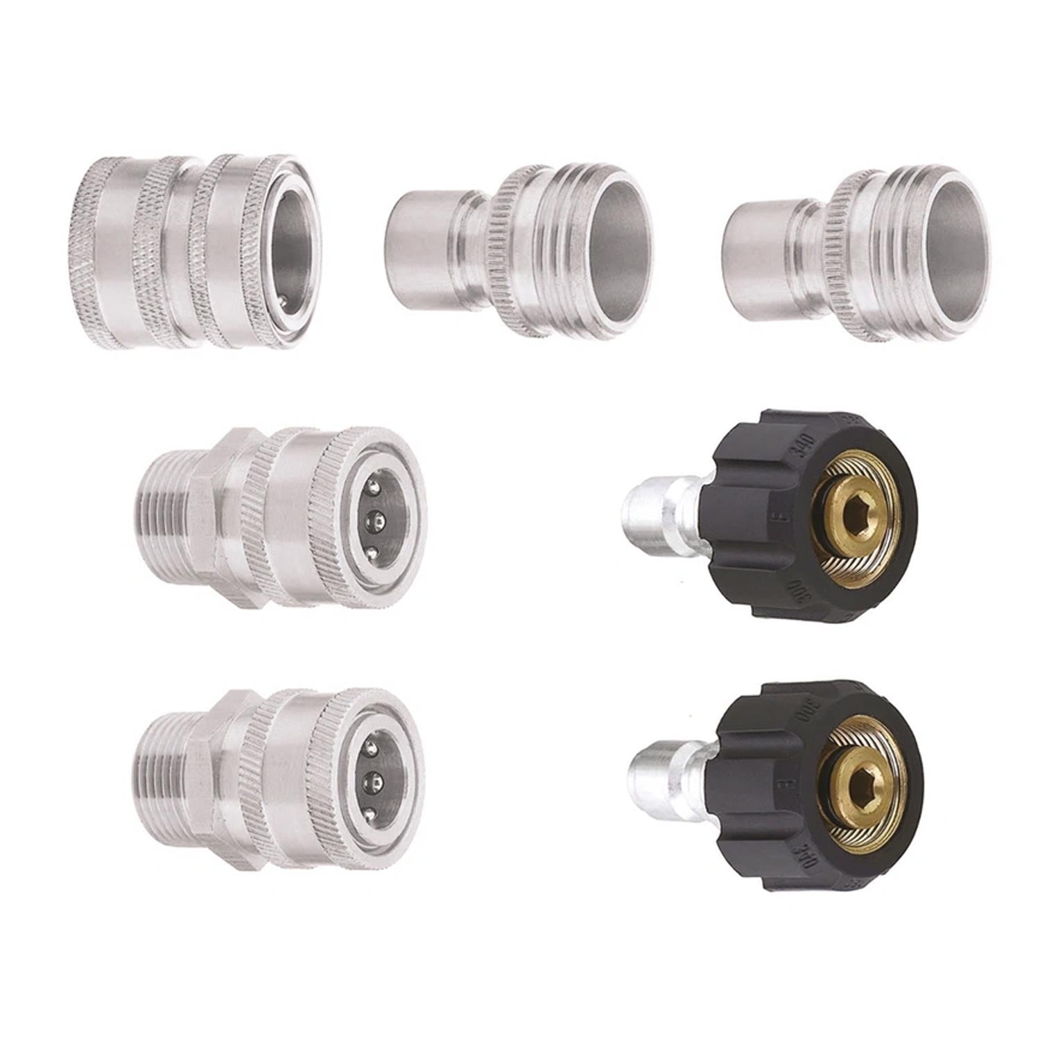 Set of Stainless Steel pressure washer fittings and connectors on a white background