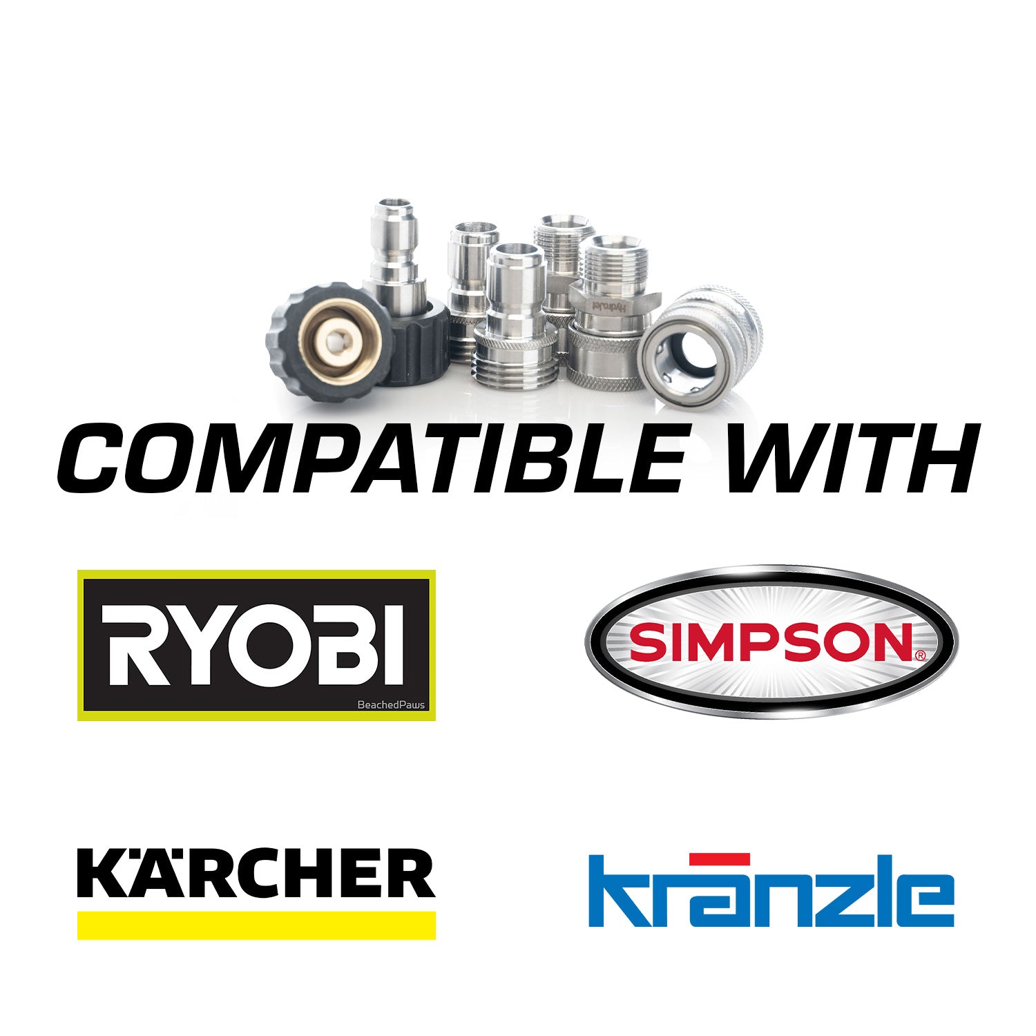 Stainless Steel pressure washer fittings compatibility with Ryobi, Simpson, Karcher, and Kranzle logos on a white background.