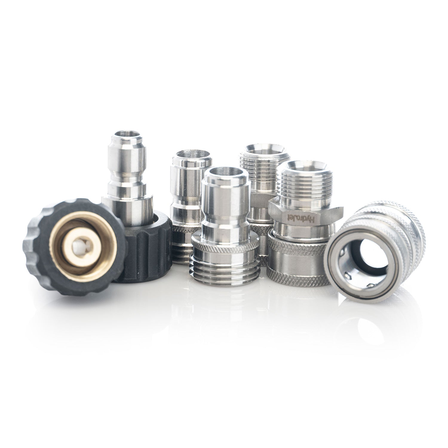 Collection of Stainless Steel pressure washer fittings on a white background