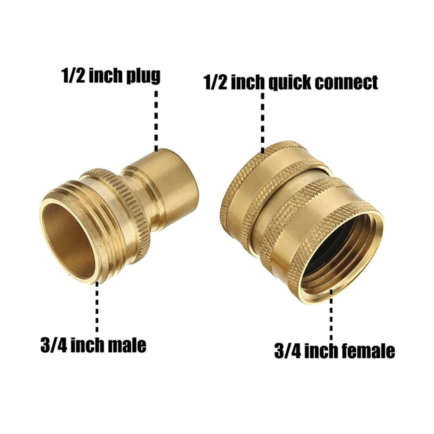 Brass pressure washer connectors with labeled sizes on a white background