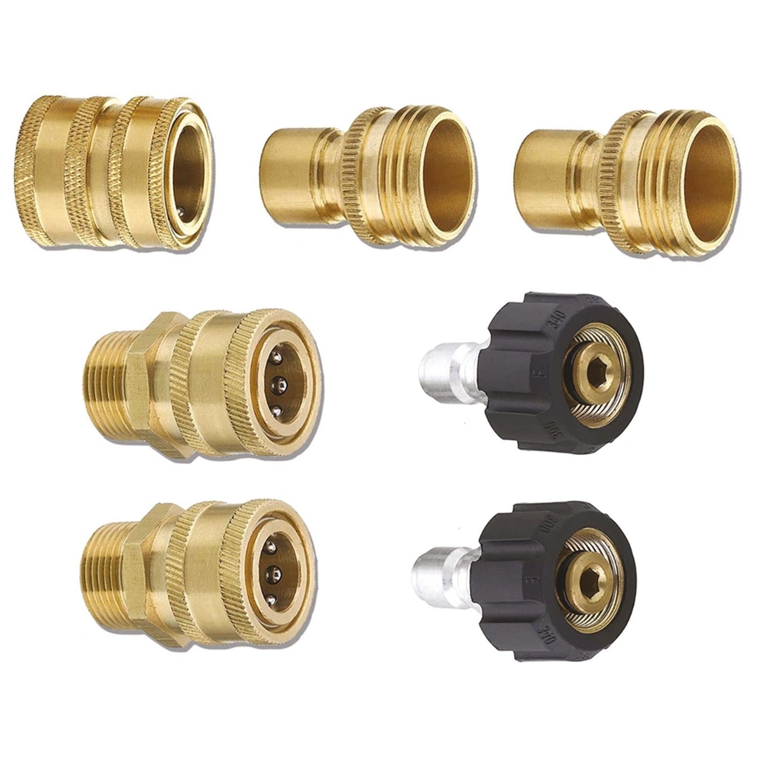 Set of brass and black pressure washer adapters and connectors on a white background