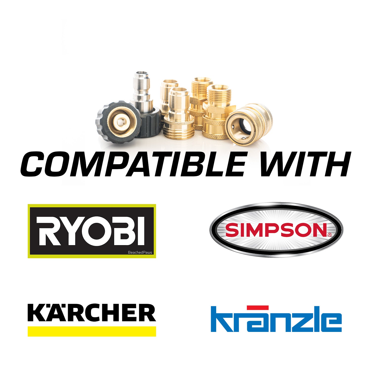 Compatibility chart for pressure washer parts with Ryobi, Simpson, Karcher, and Kränzle logos on a white background.