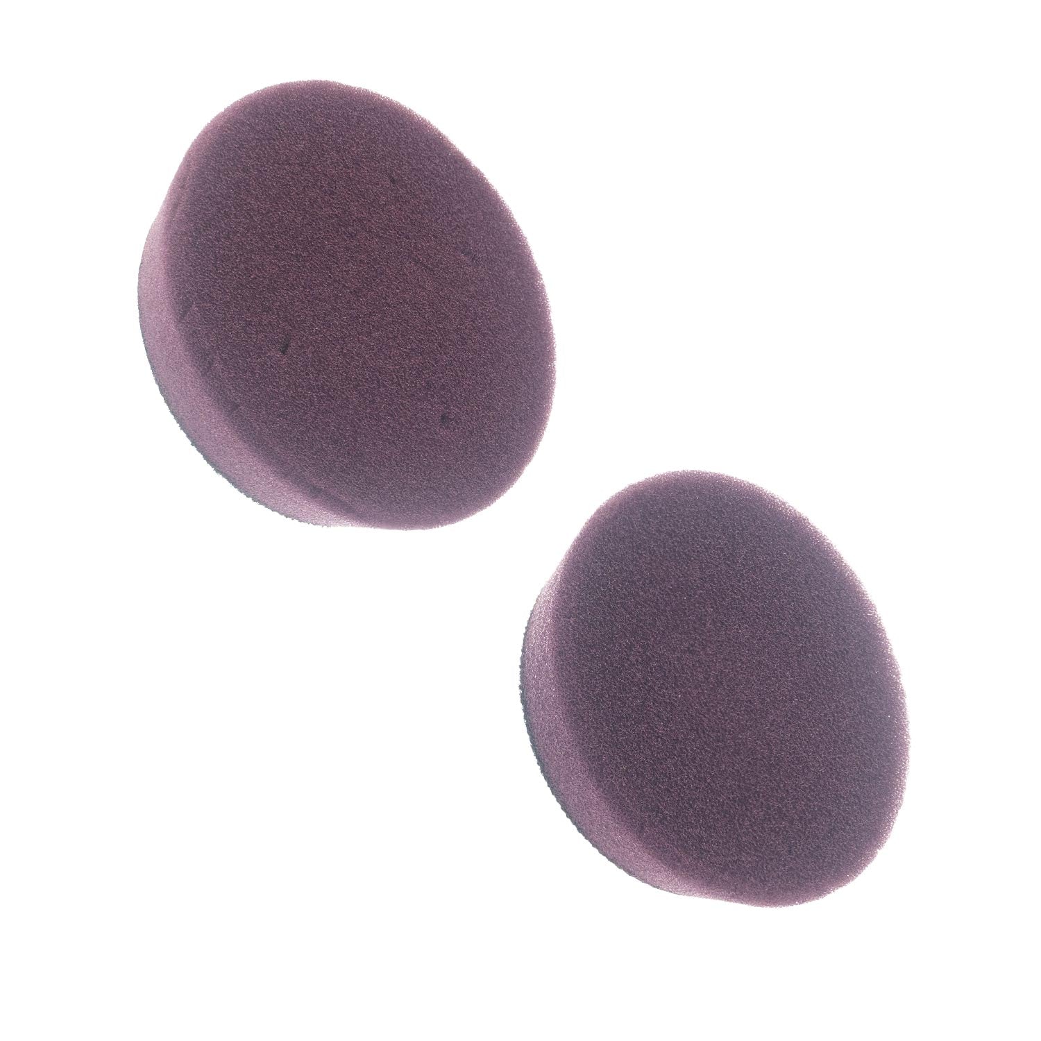 Two purple 3 inch foam buffing pads on a white background