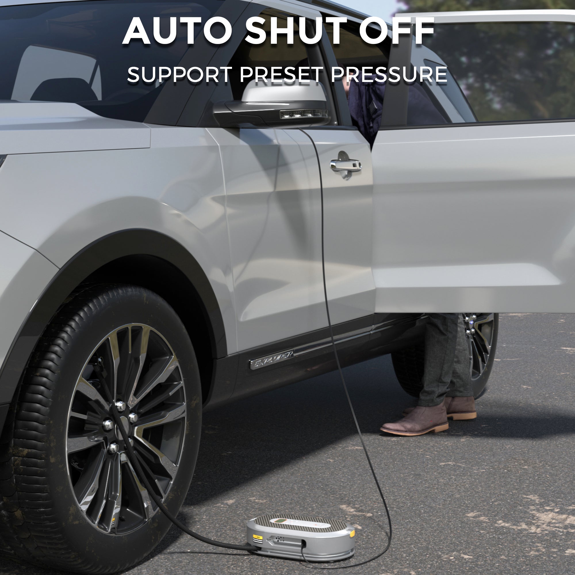 Person using a tire inflator on a car with 'Auto Shut Off' and 'Support Preset Pressure' text.