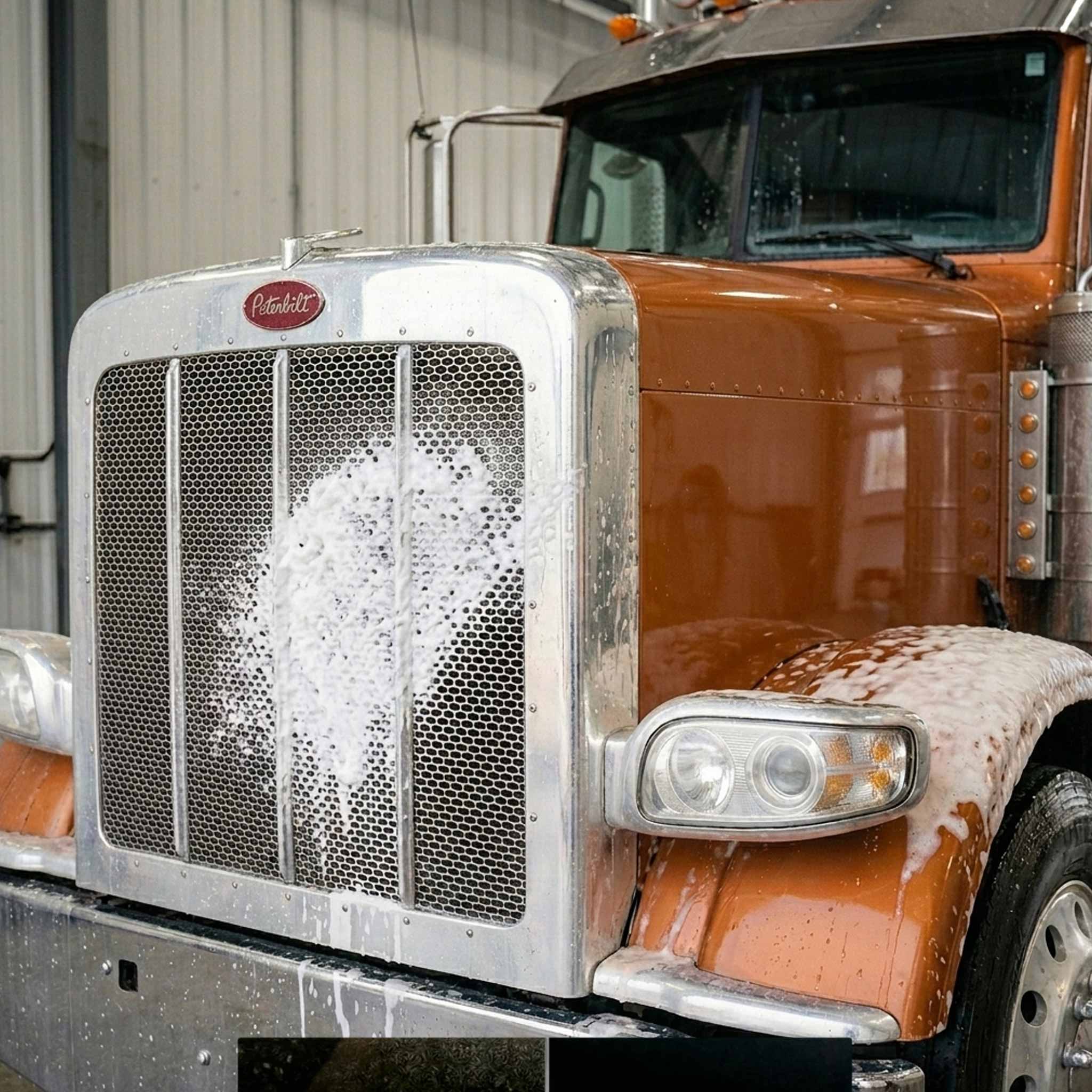 Close-up of a Peterbilt truck's front grille and headlight with orange citrus cleaning the surface