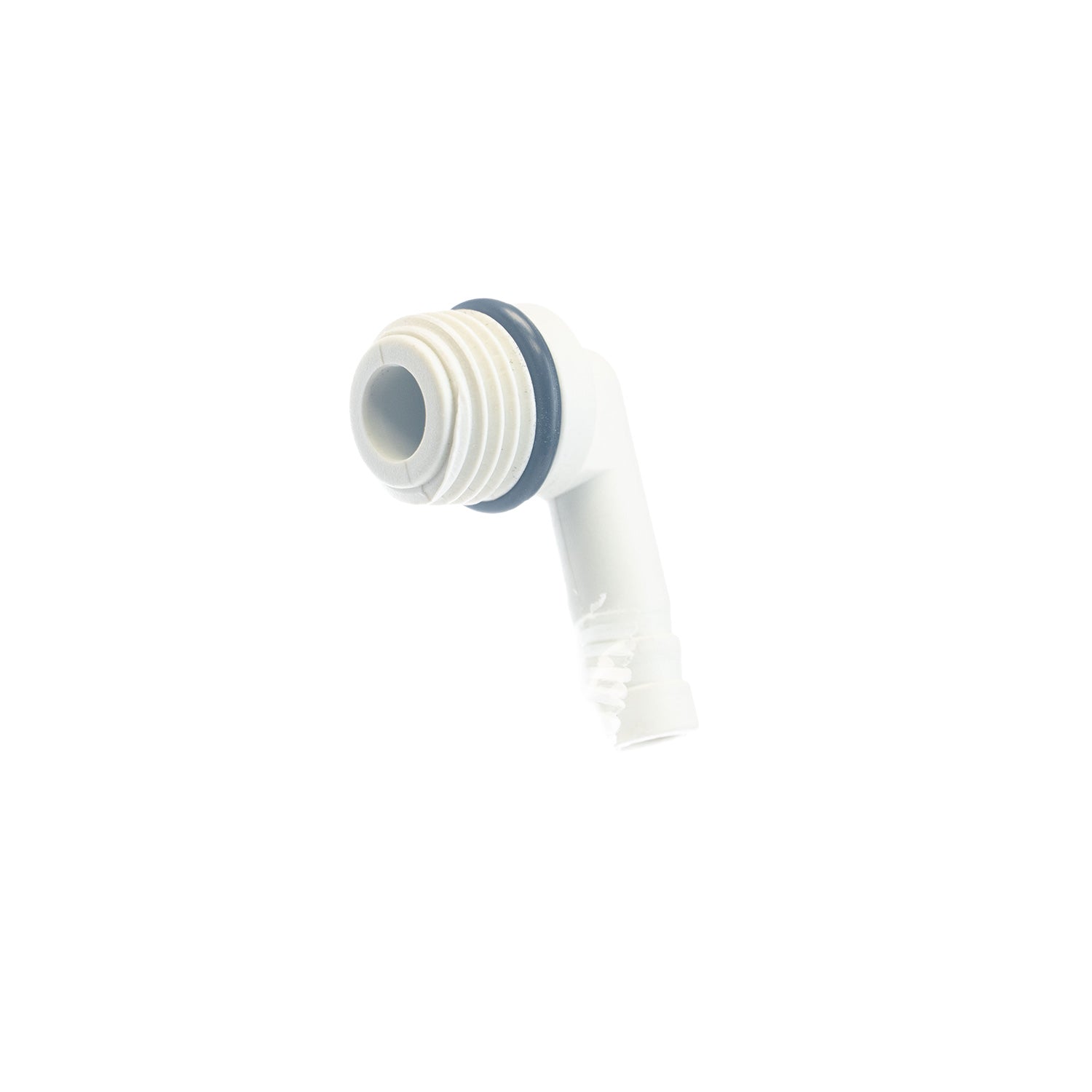 White plastic DEMA Eductor back fitting with black seals on a white background