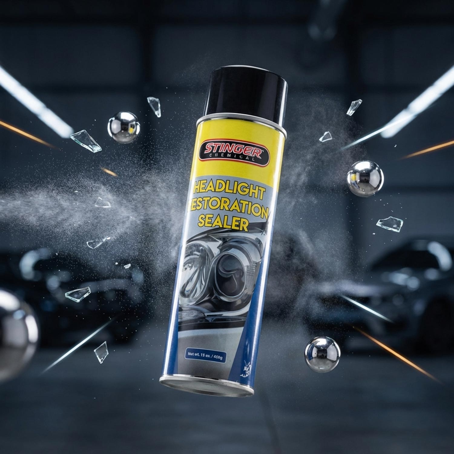 Stinger Headlight Restoration Sealer can with car headlights in the background