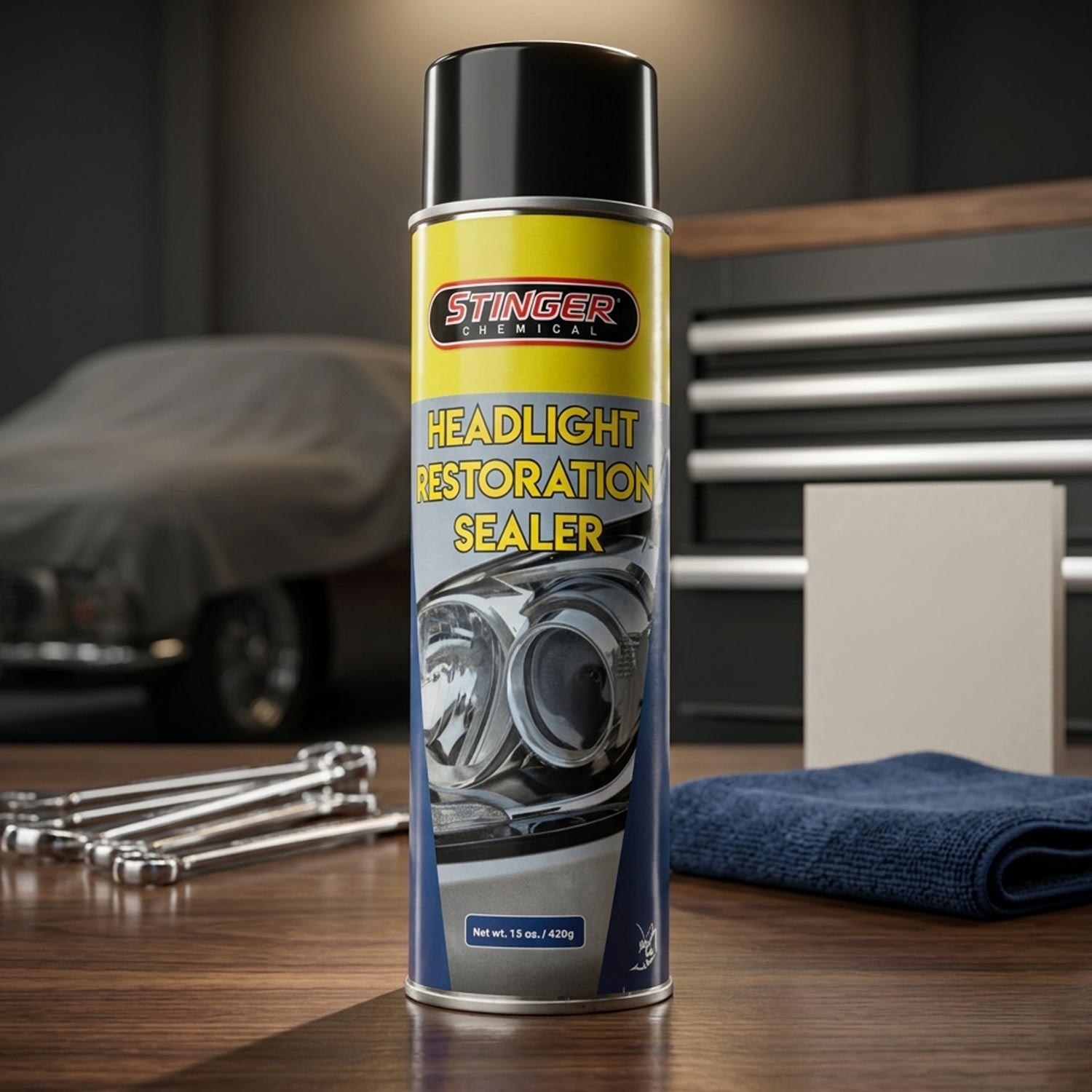 Stinger headlight restoration sealer can on a workbench with tools and a car in the background