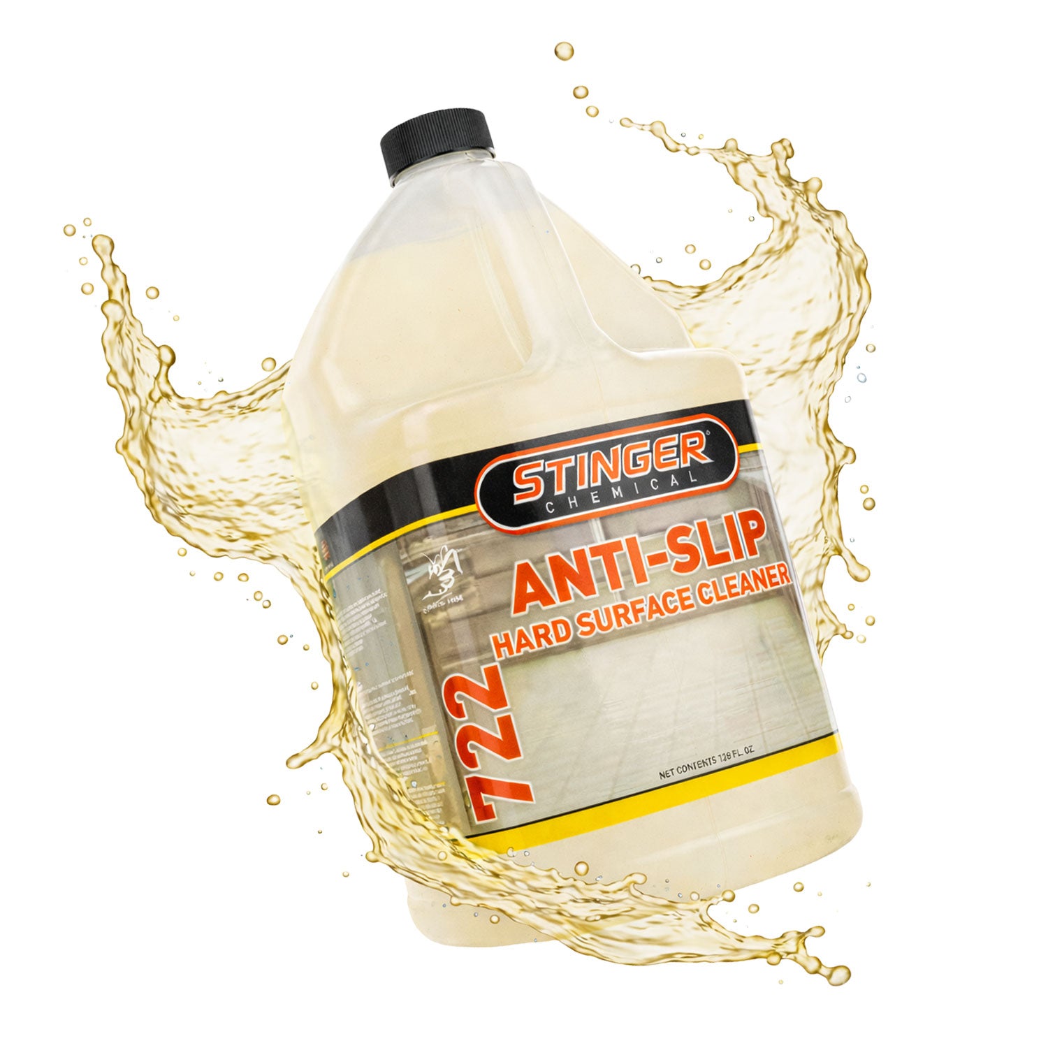 Bottle of Stinger Chemical anti-slip hard surface cleaner with liquid splashes on a white background