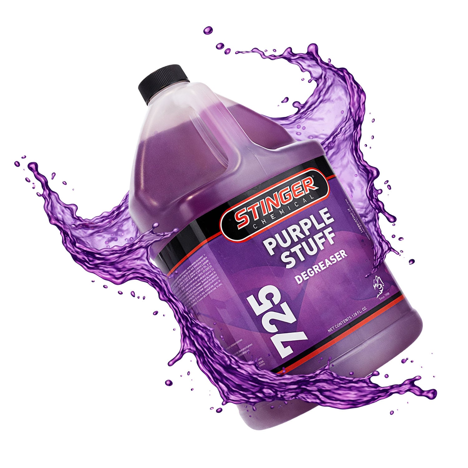 Bottle of Stinger Purple Stuff Degreaser with purple liquid splashes on a white background