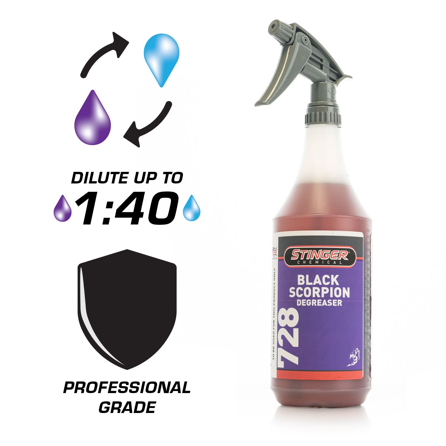 Stinger Black Scorpion degreaser spray bottle with dilution instructions on a white background