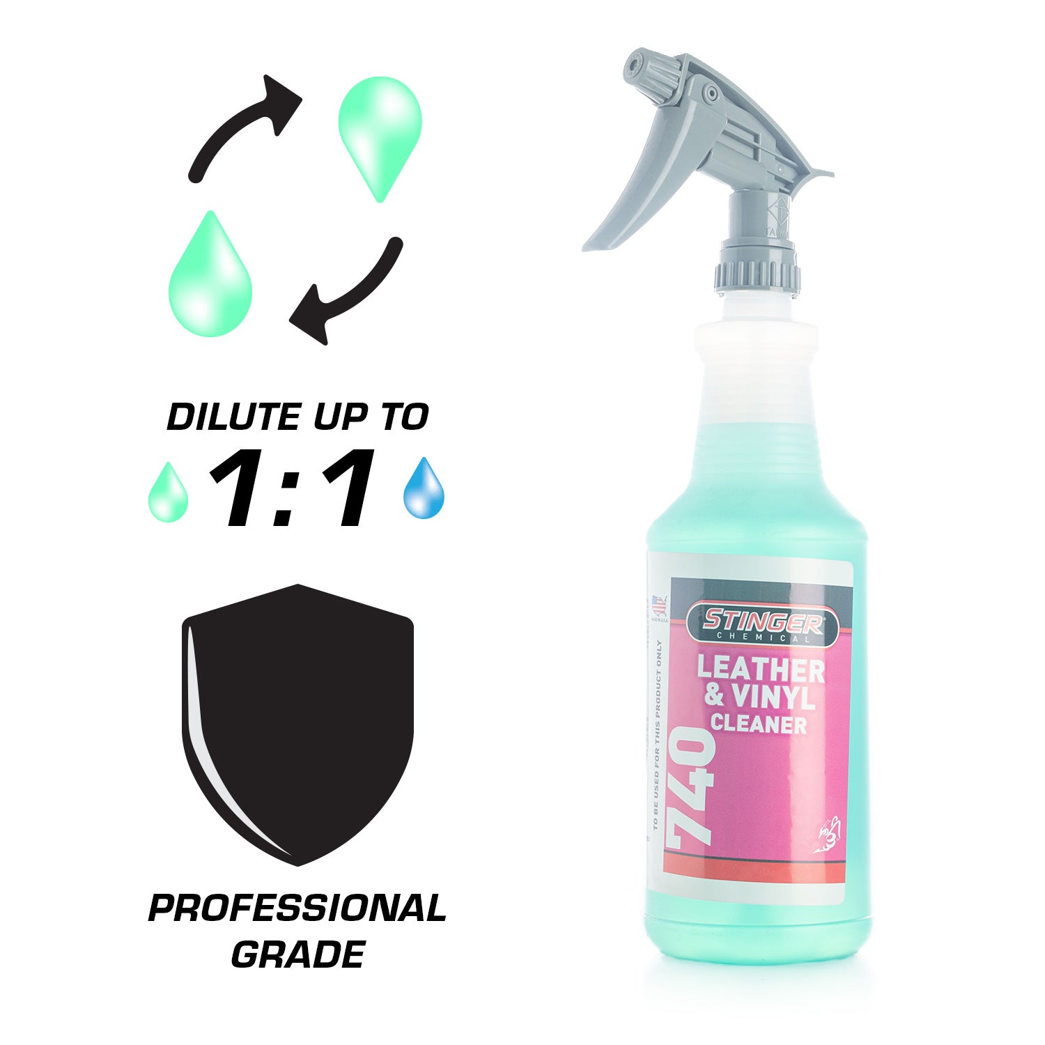 Spray bottle of Stinger Leather & Vinyl Cleaner with dilution instructions on a white background