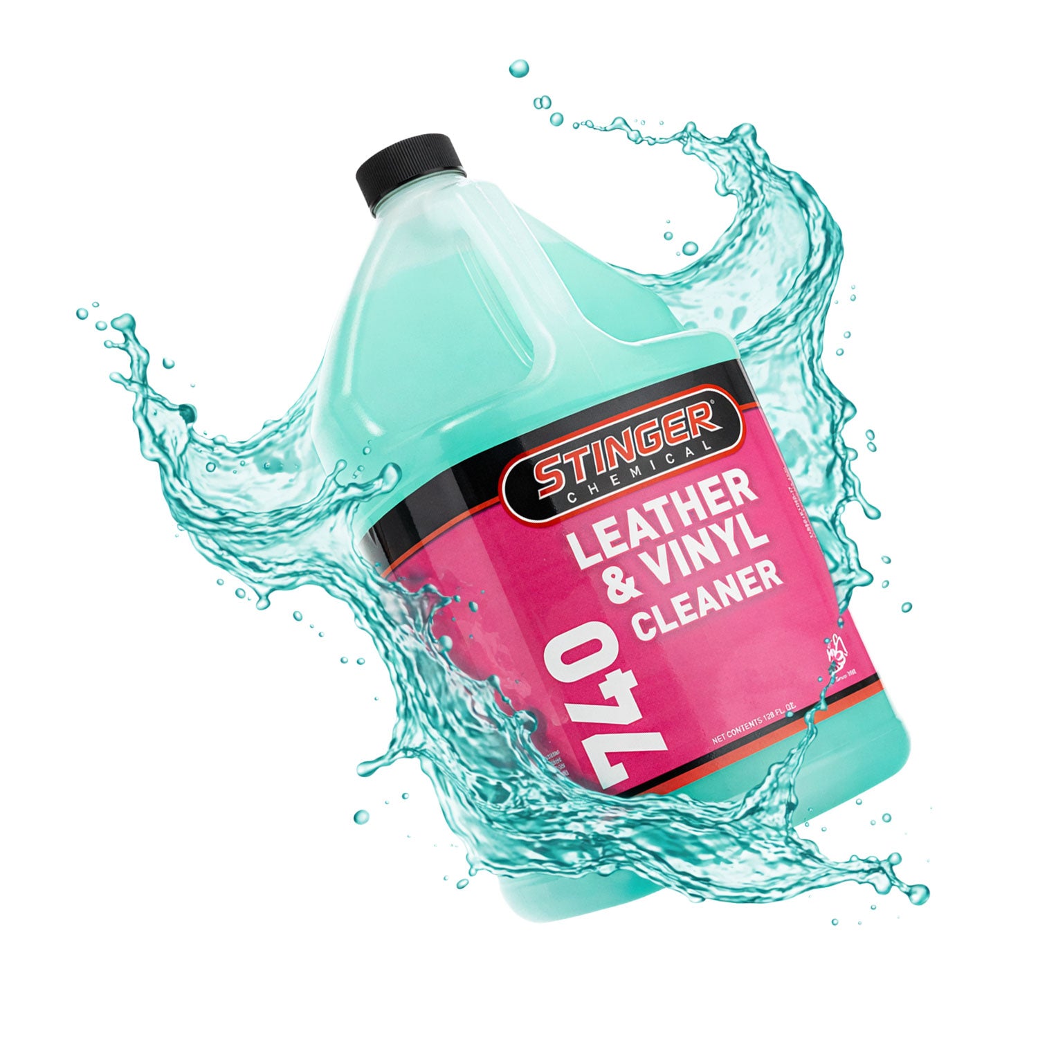 Bottle of Stinger Leather & Vinyl Cleaner with water splashes on a white background