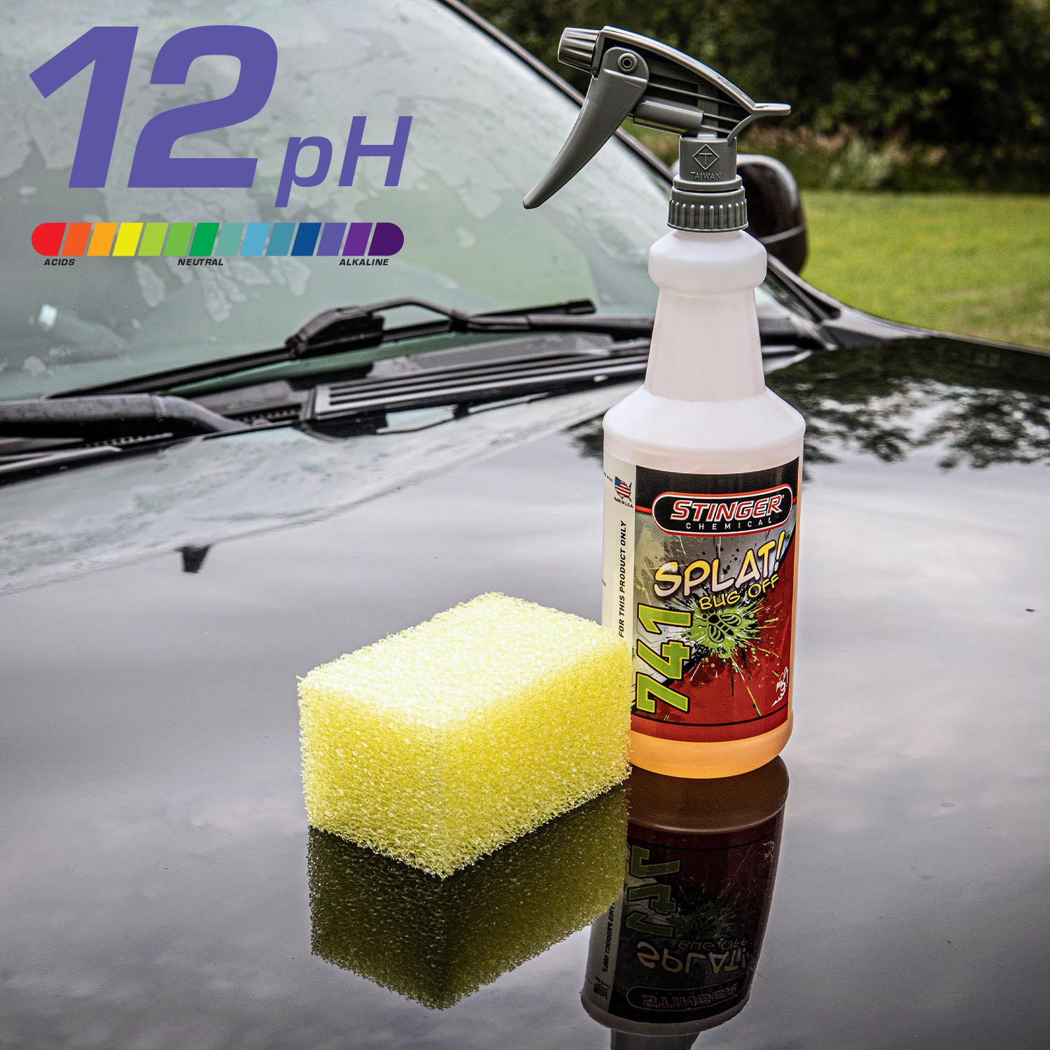 Splat! Bug Remover Spray bottle labeled '12 pH' with a bug sponge on a car hood