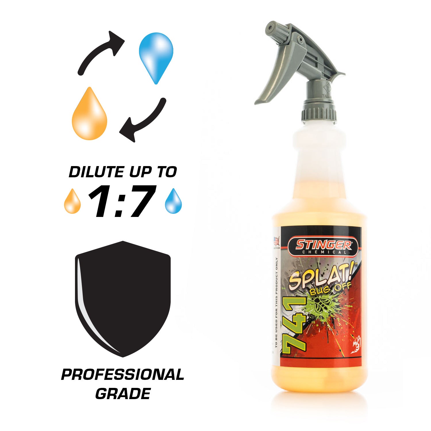 Stinger Splat! Bug Remover spray bottle with dilution instructions on a white background