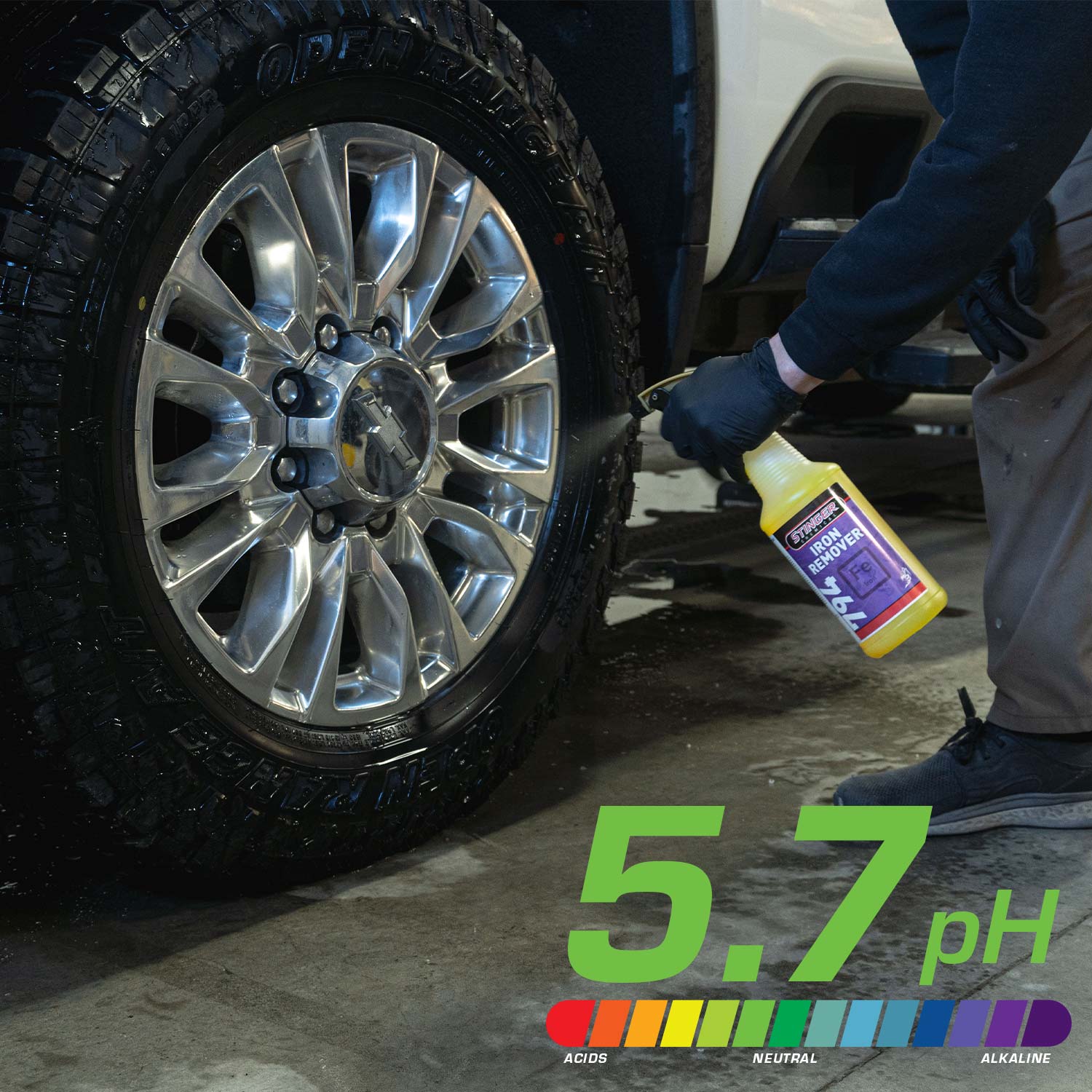 Person using a bottle of car care product on a tire with a 5.7 pH indicator.