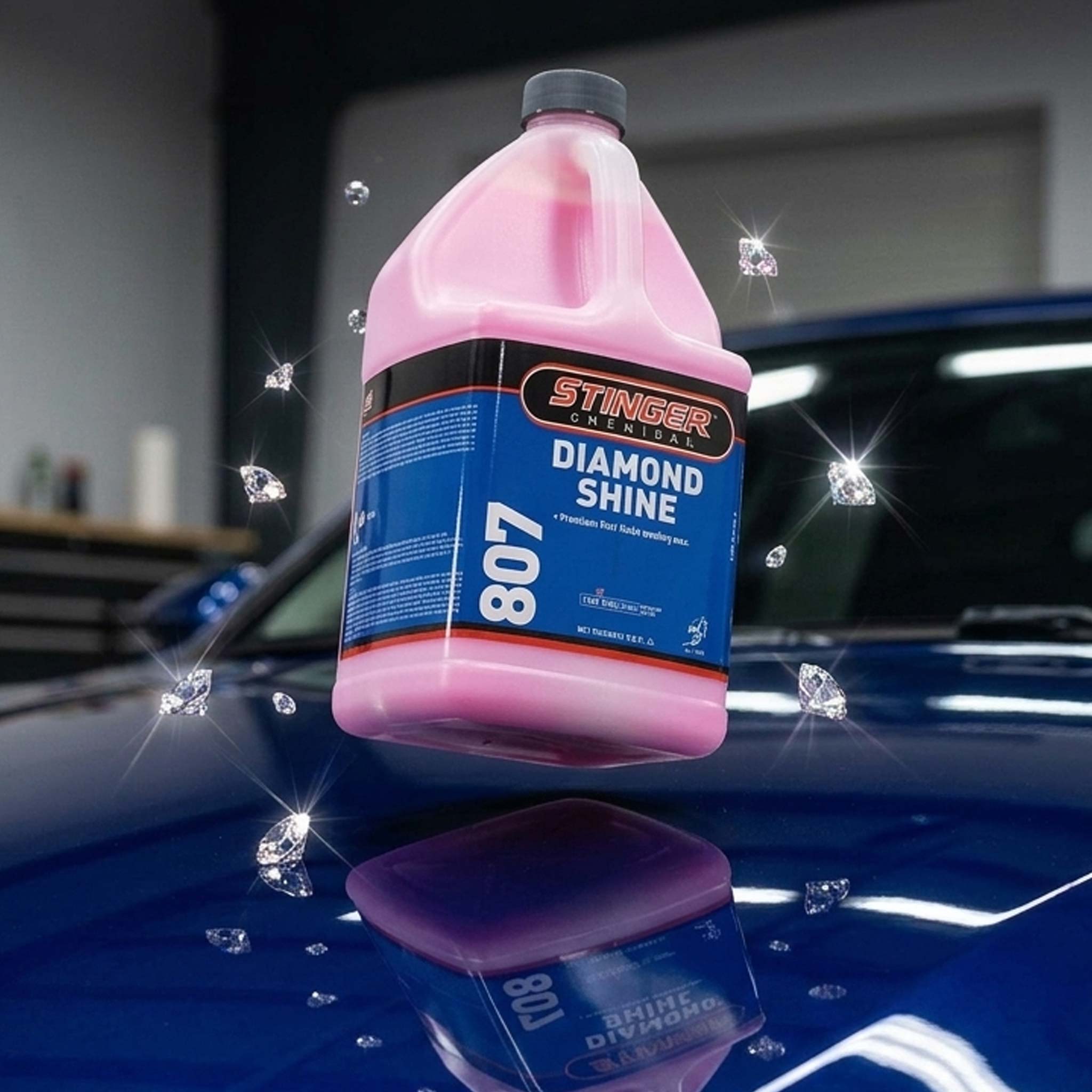 Stinger Chemicals Diamond Shine 807 bottle on a car's reflective surface with a blurred garage background.