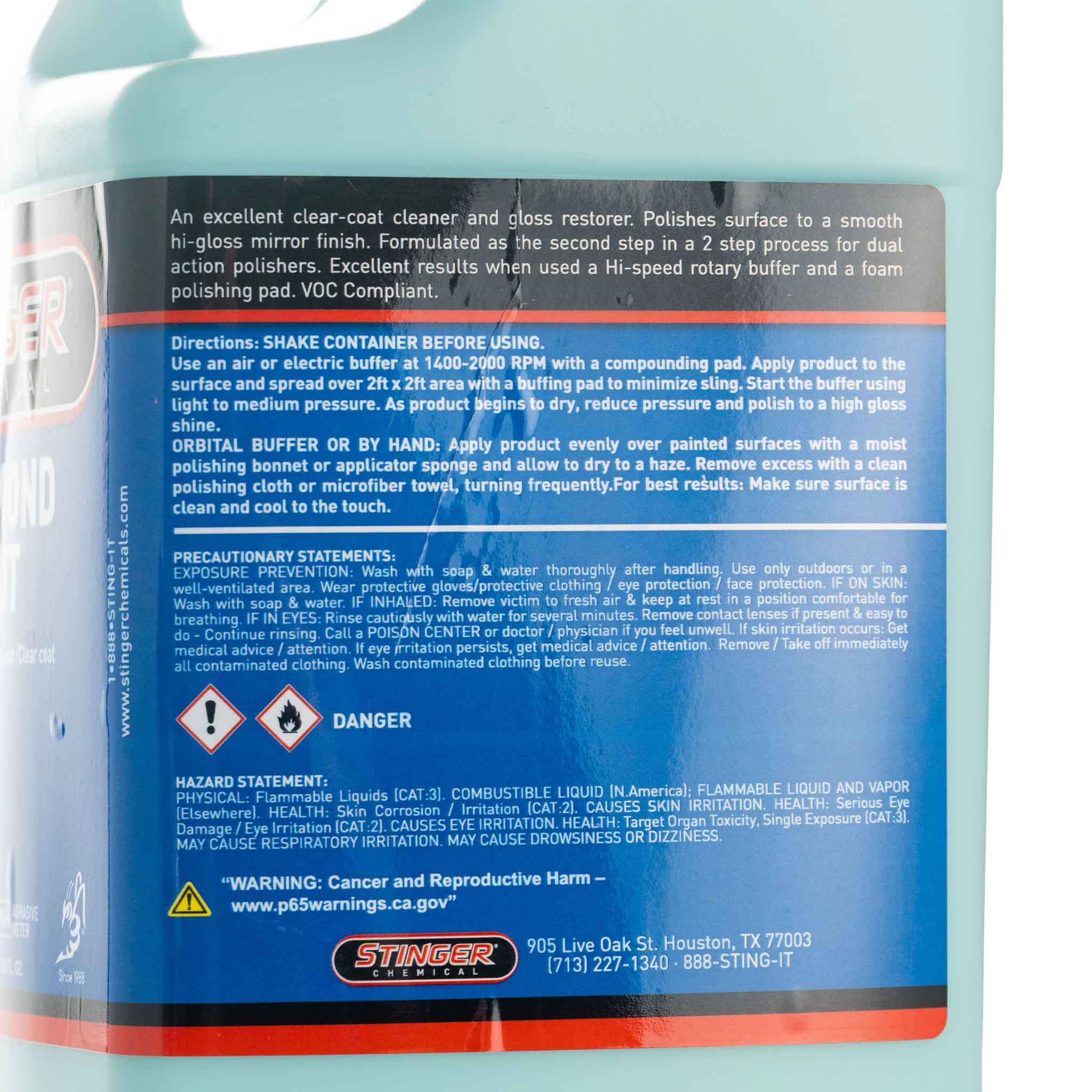 Back label of a Stinger diamond cut compound container with text and branding.