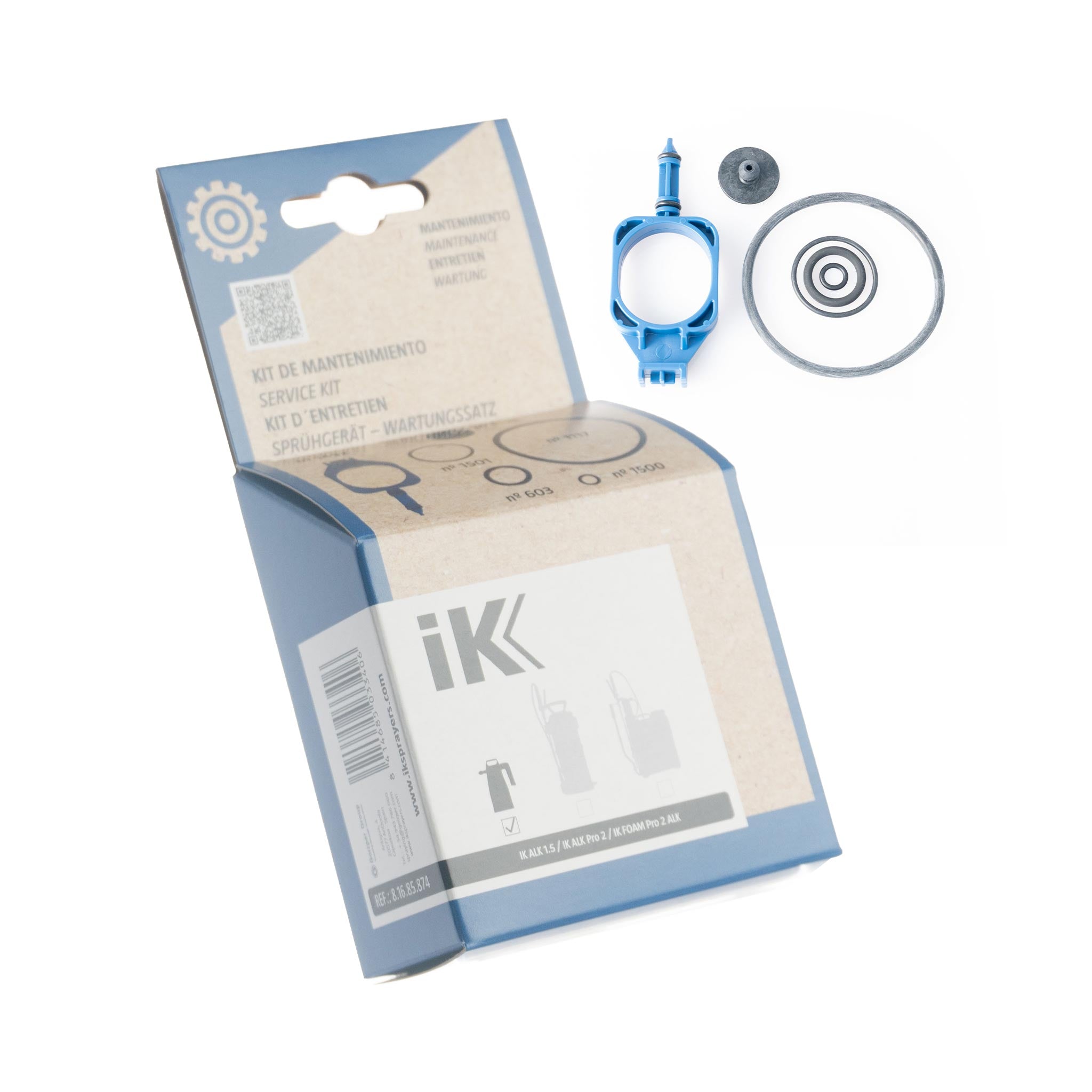 Maintenance kit with blue and black components and box on a white background