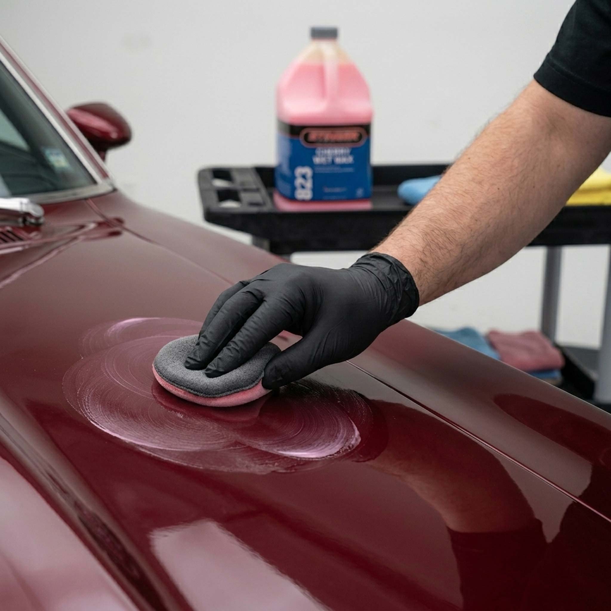 cherry wet wax application on a red car hood in a photoshoot setting