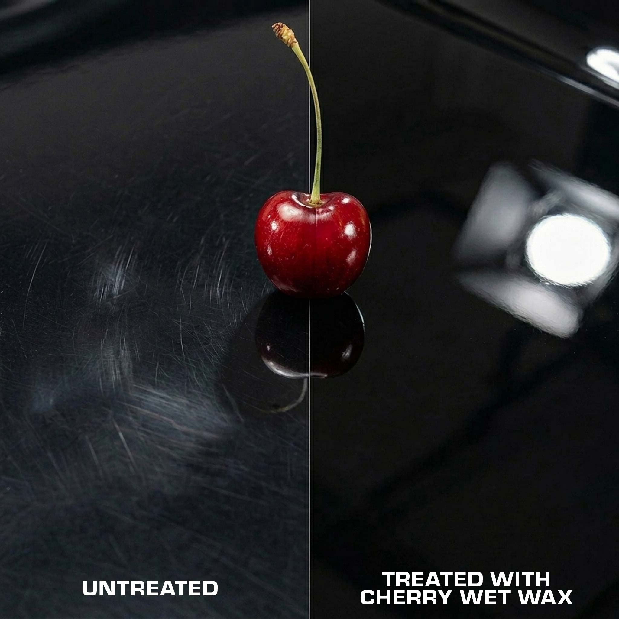 cherry on a car hood with before and after wet wax application
