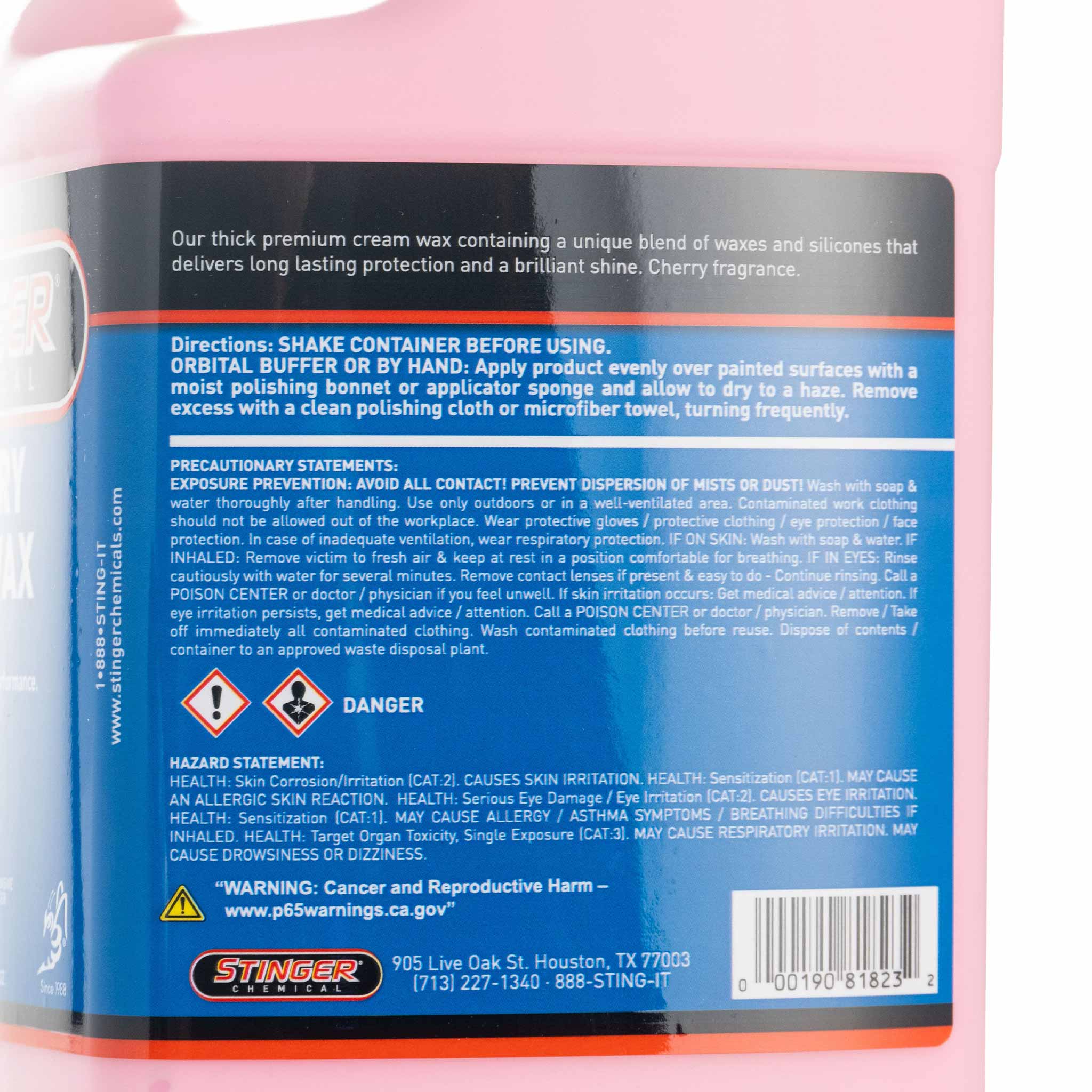 Back label of a pink cherry wet wax car care product container with text and branding.