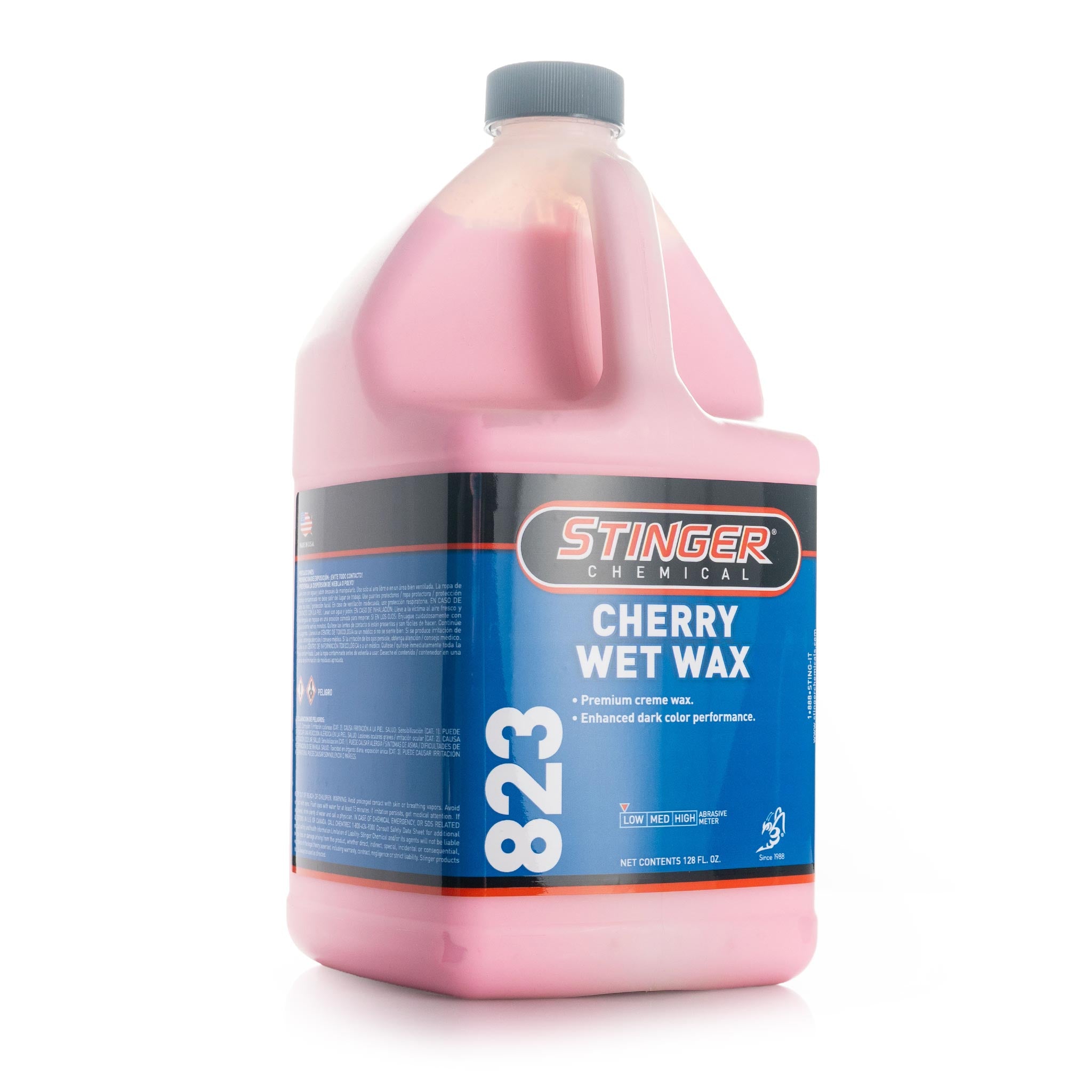 Pink gallon bottle of Stinger Chemical Cherry Wet Wax 823 on a white background