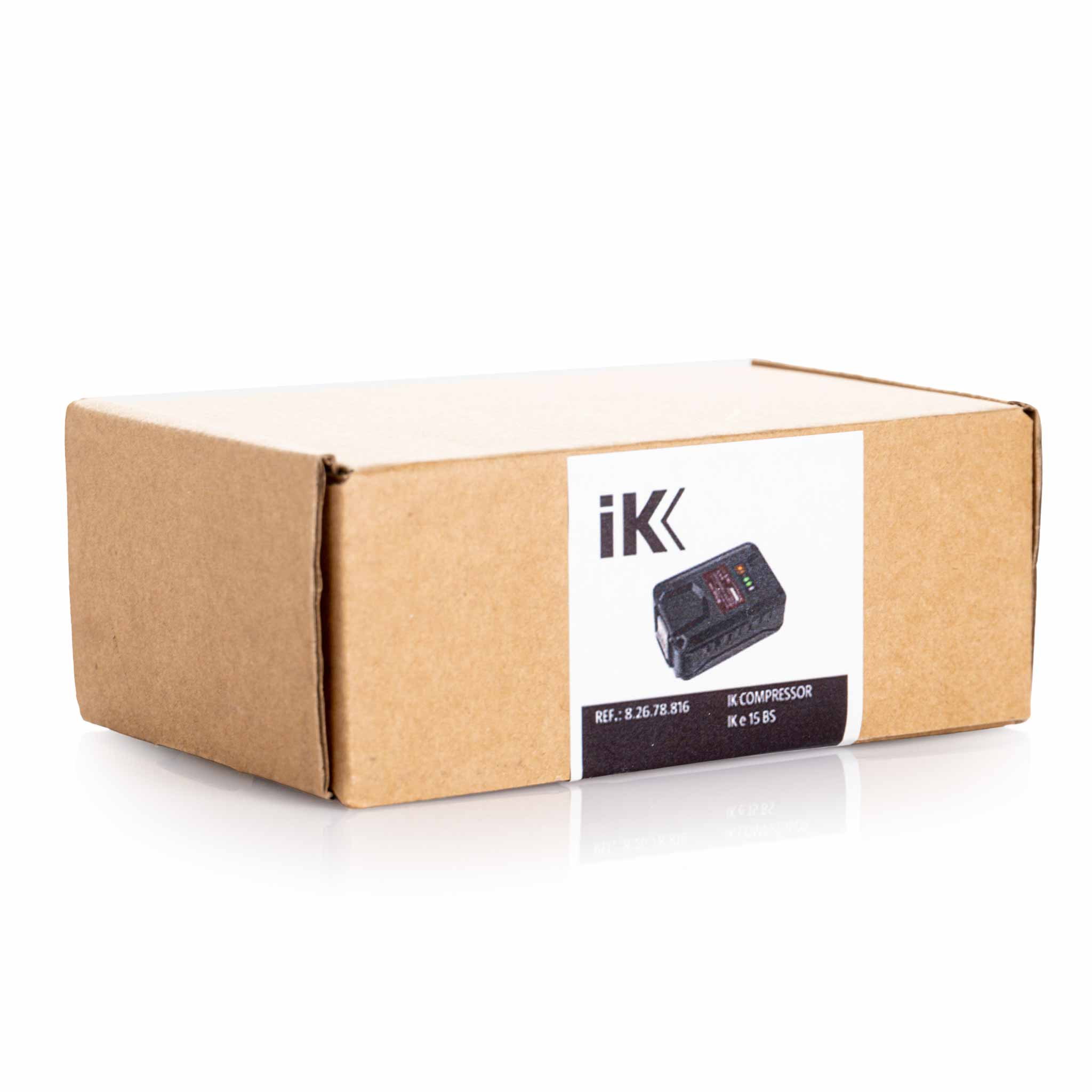 Cardboard box with iK brand label on a white background