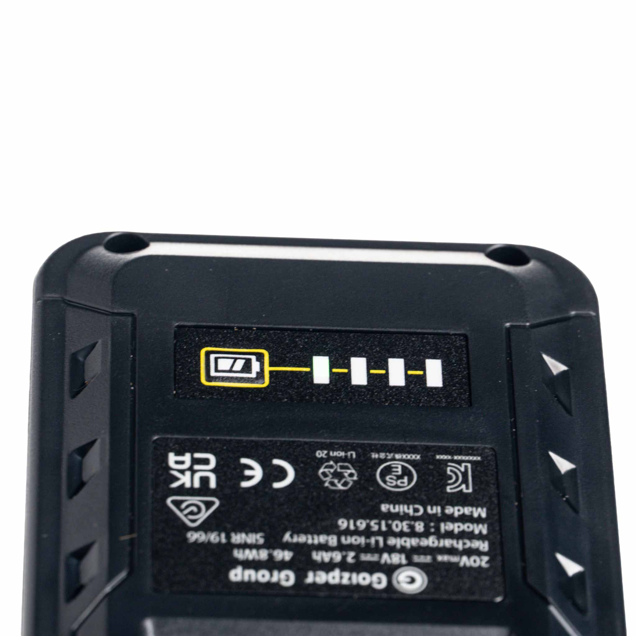 Black battery pack with charging indicator on a white background