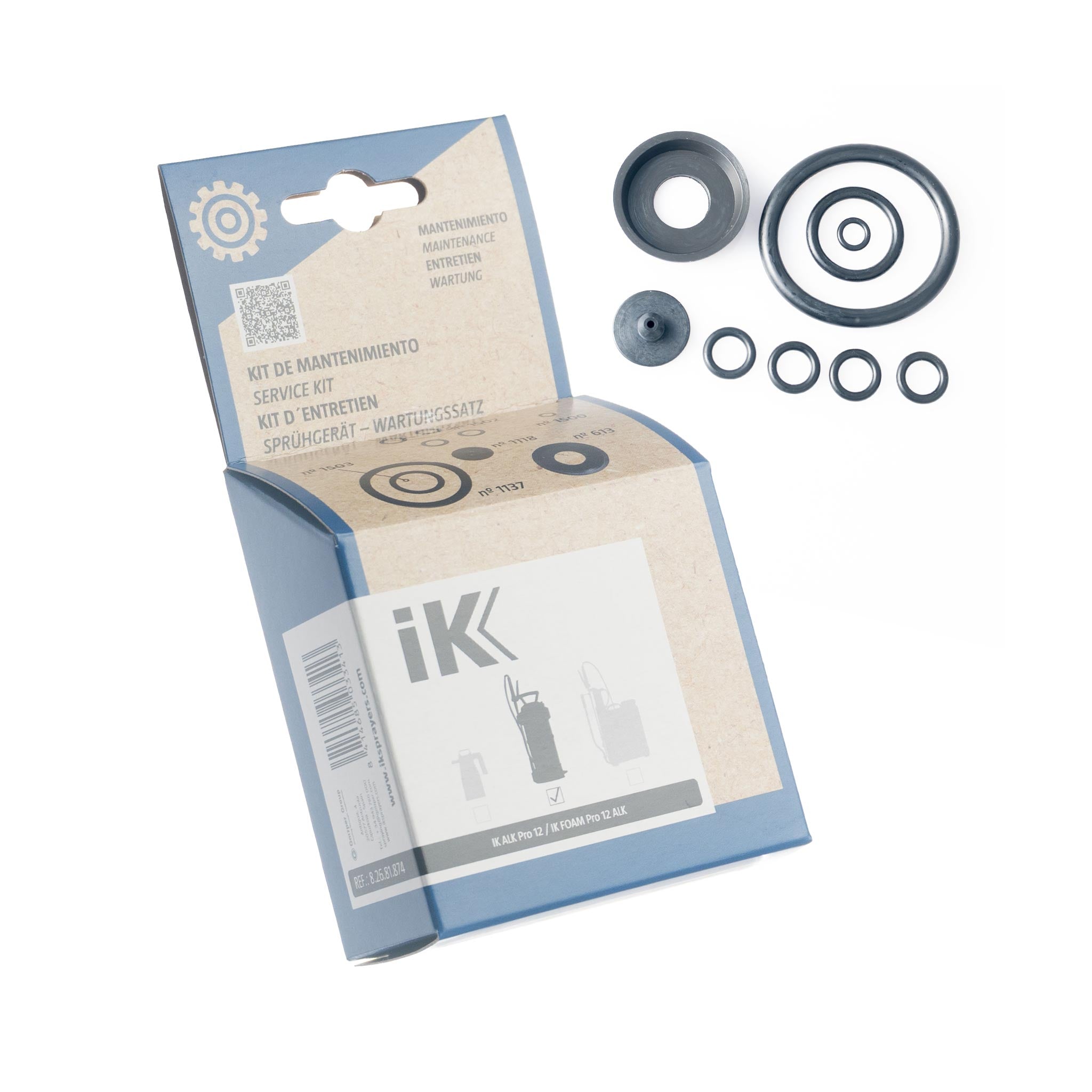 IK alkaline pro 12 sprayer maintenance kit box and seals on a white background