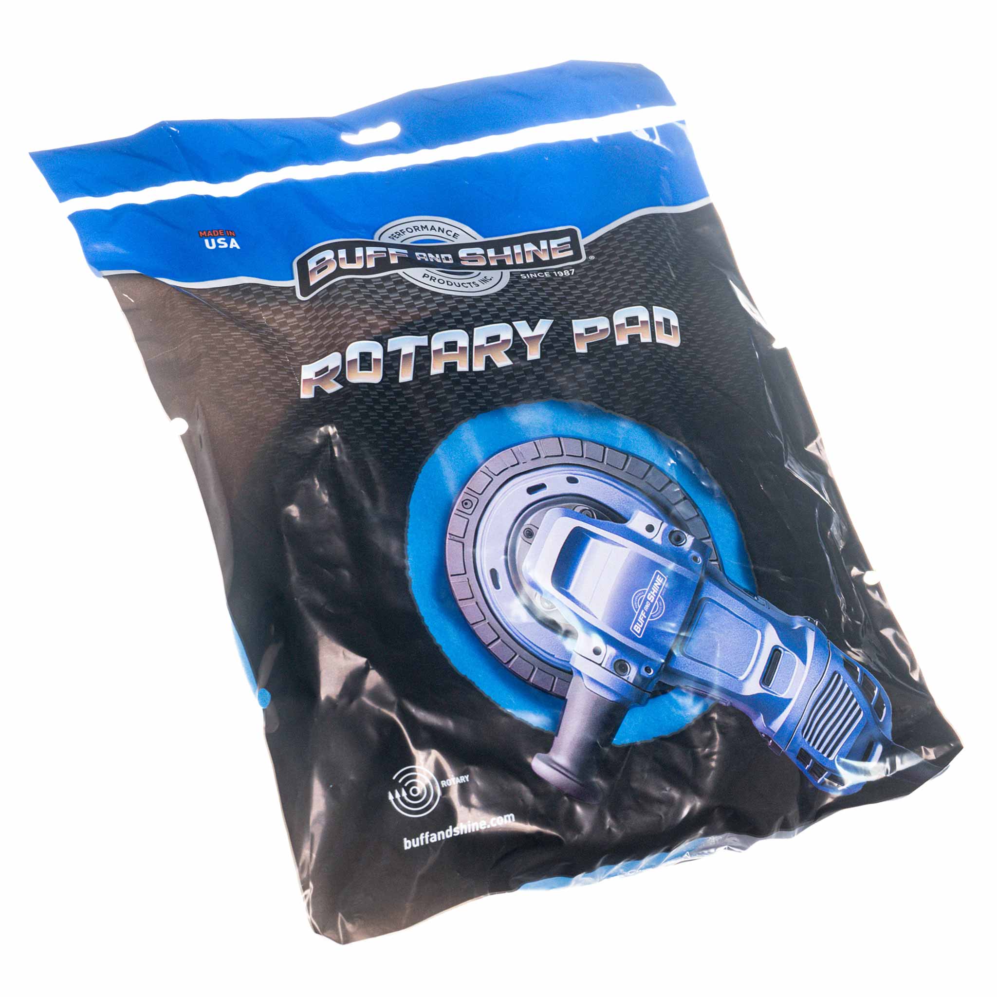 Packaged rotary pad with 'Buff the Shine' branding on a white background