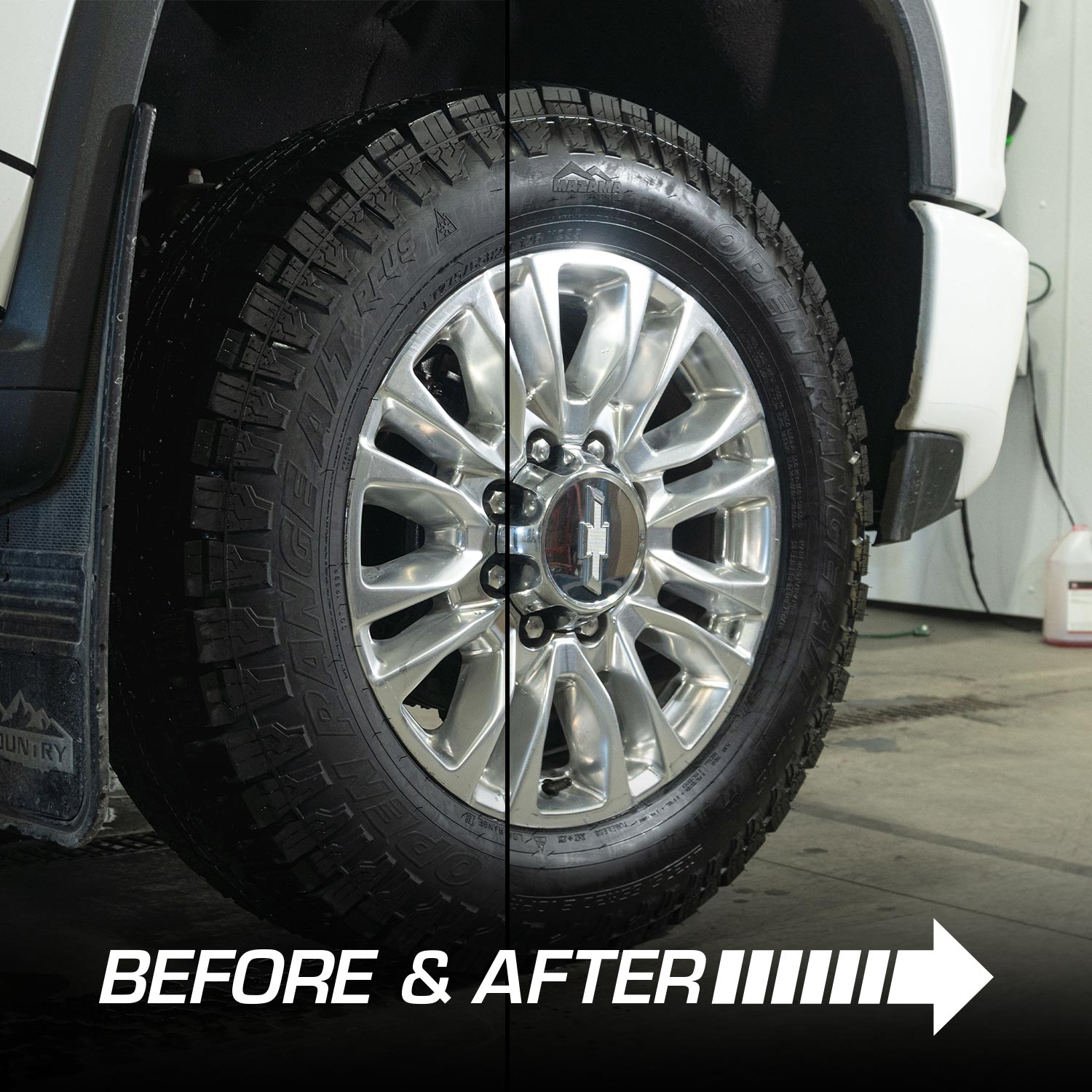 Car wheel with 'Before & After' text overlay
