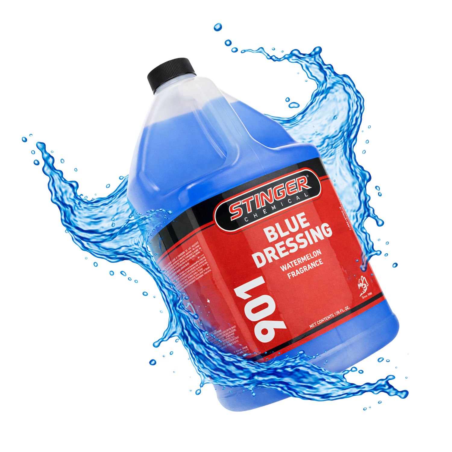 Bottle of Stinger Blue Dressing with water splashes on a white background