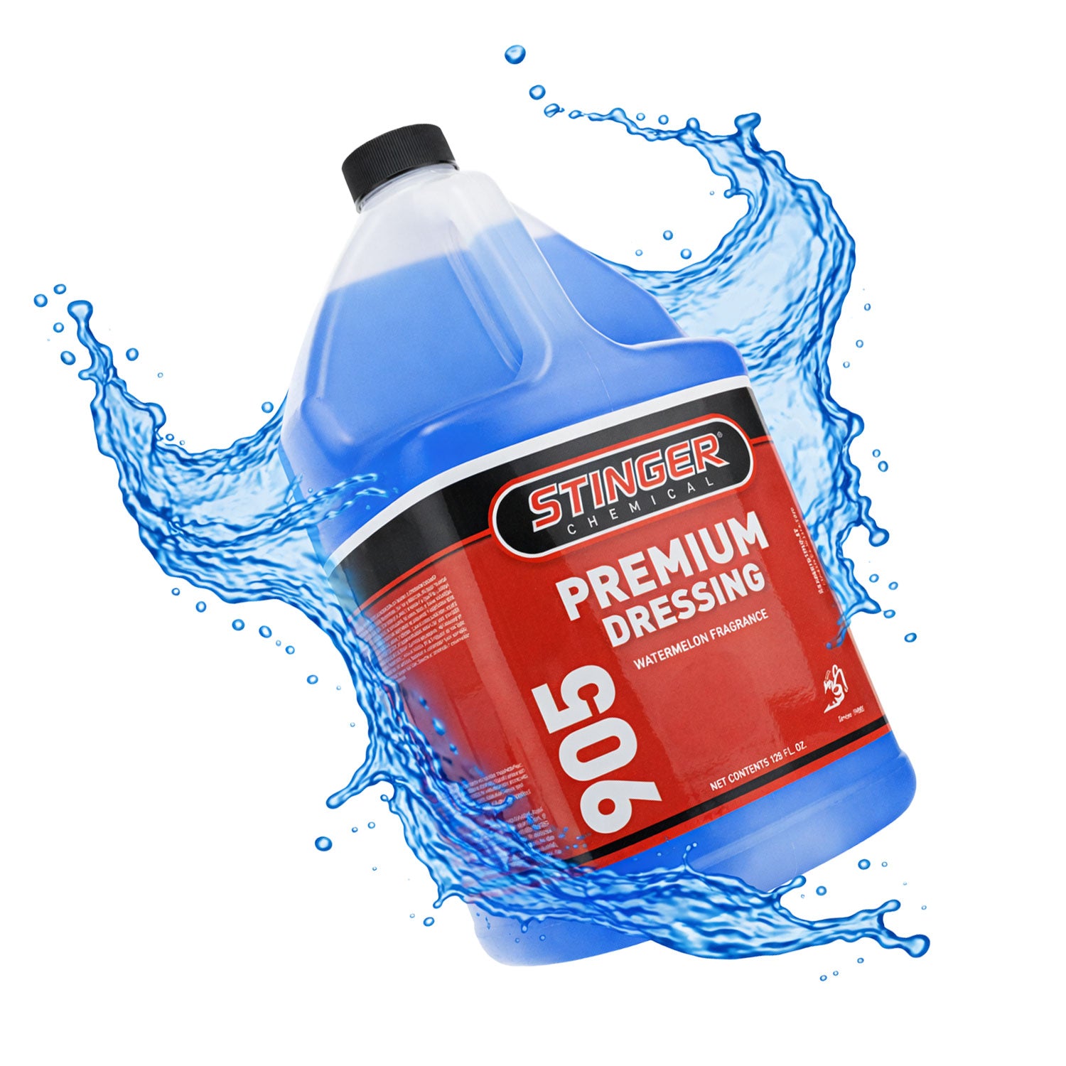 Bottle of Stinger Premium Dressing with water splashes on a white background