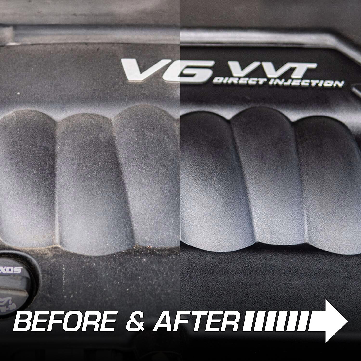 Comparison of a car engine dressing 'VG VVT Direct Injection' with 'Before & After' text.