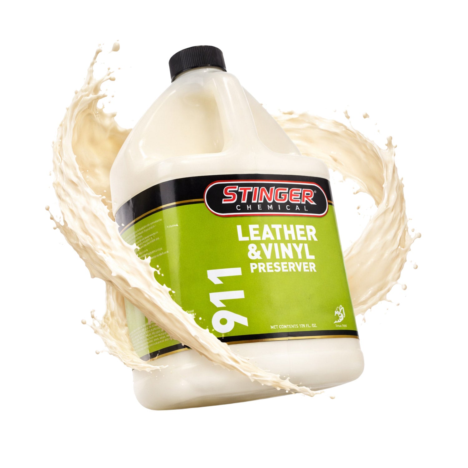 Stinger Leather & Vinyl Preserver bottle with a splash effect on a white background