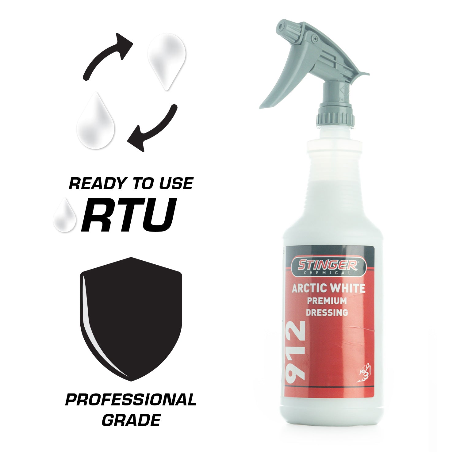 Spray bottle labeled 'Stinger Arctic White Premium Dressing' with text indicating 'Ready to Use' and 'Professional Grade'.