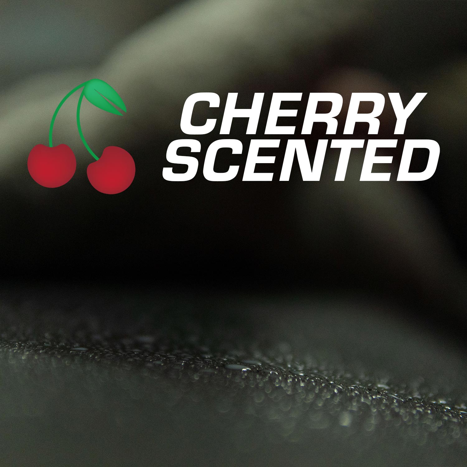 Cherry scented logo with two red cherries on a dark background