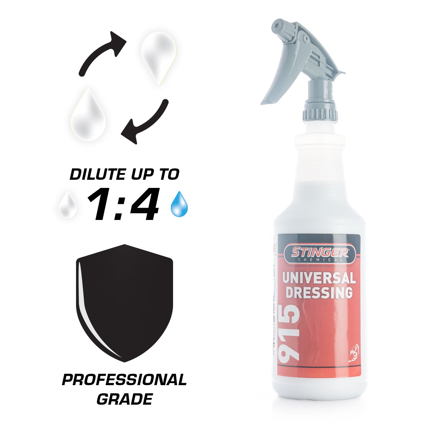 Spray bottle labeled 'Stinger 915' with text on dilution and professional grade on a white background