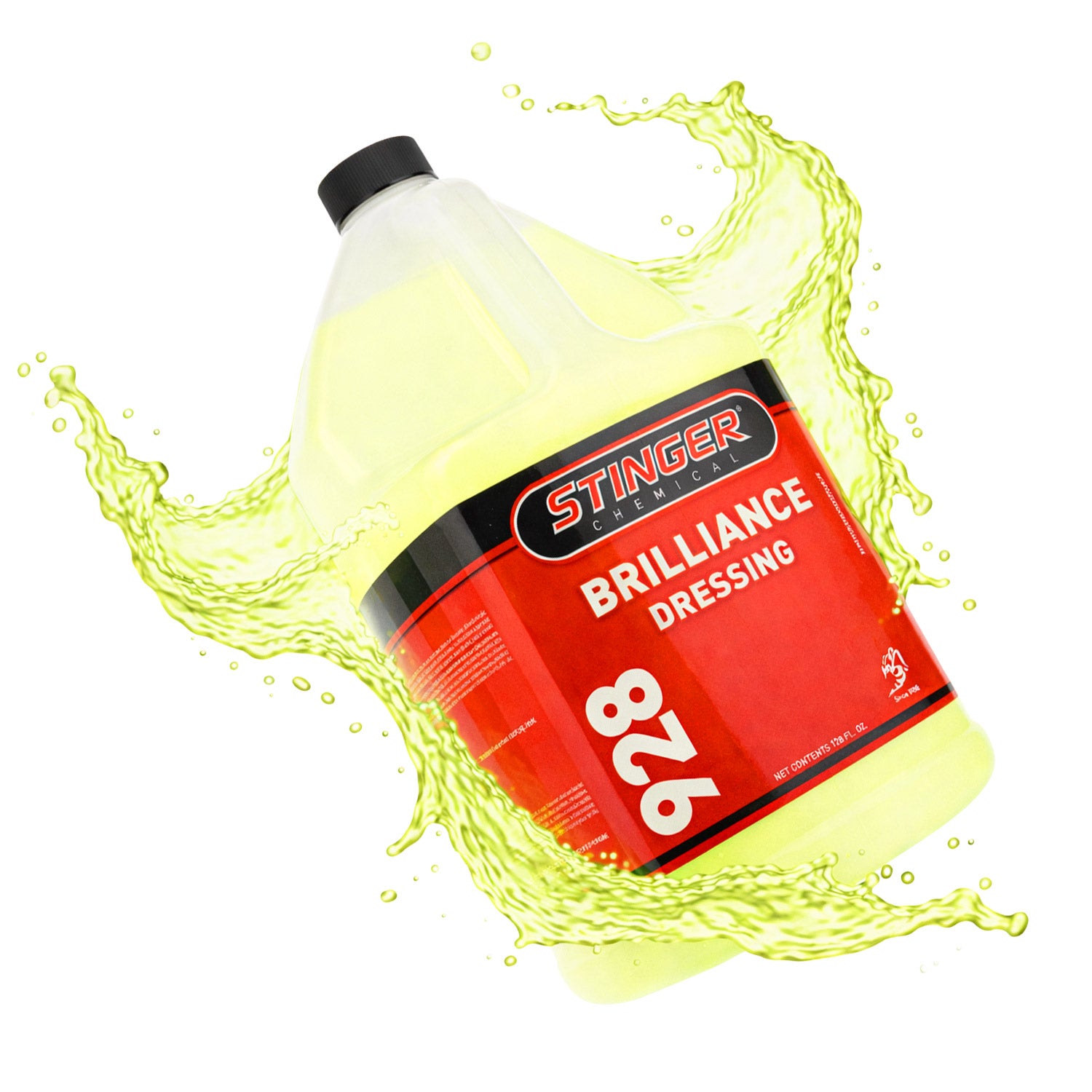Bottle of Stinger 928 Brilliance Dressing with a splash effect on a white background