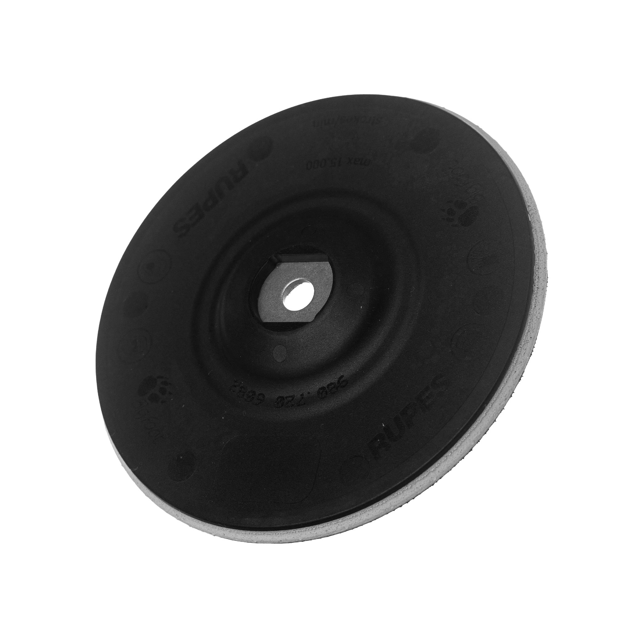 Black rupes backing plate on a white background