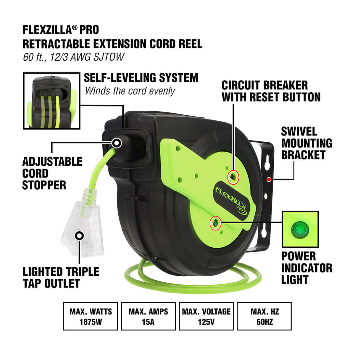 Flexzilla Pro retractable extension cord reel with features highlighted on a white background