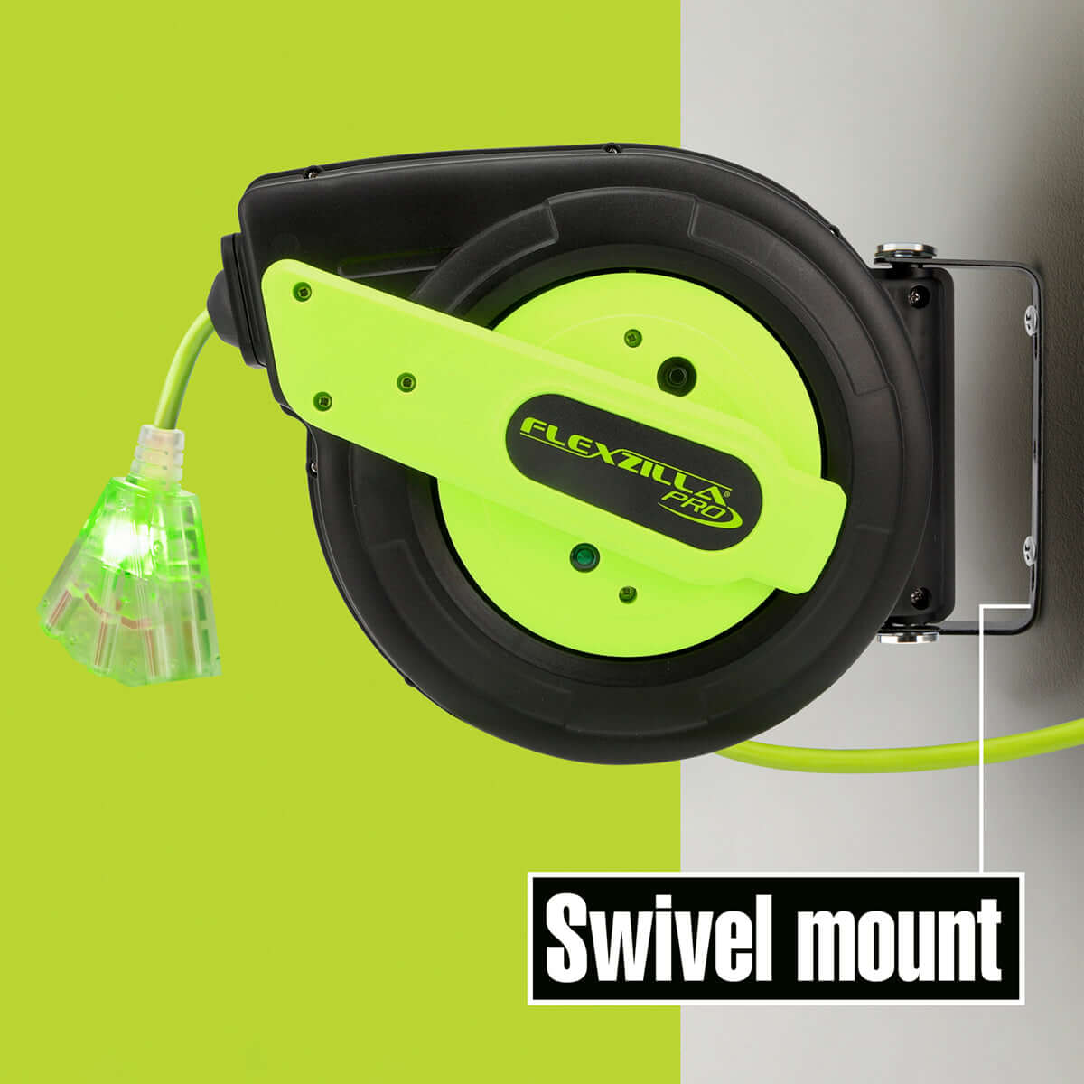 Green Flexzilla Pro extension cord reel with swivel mount on a green and gray background