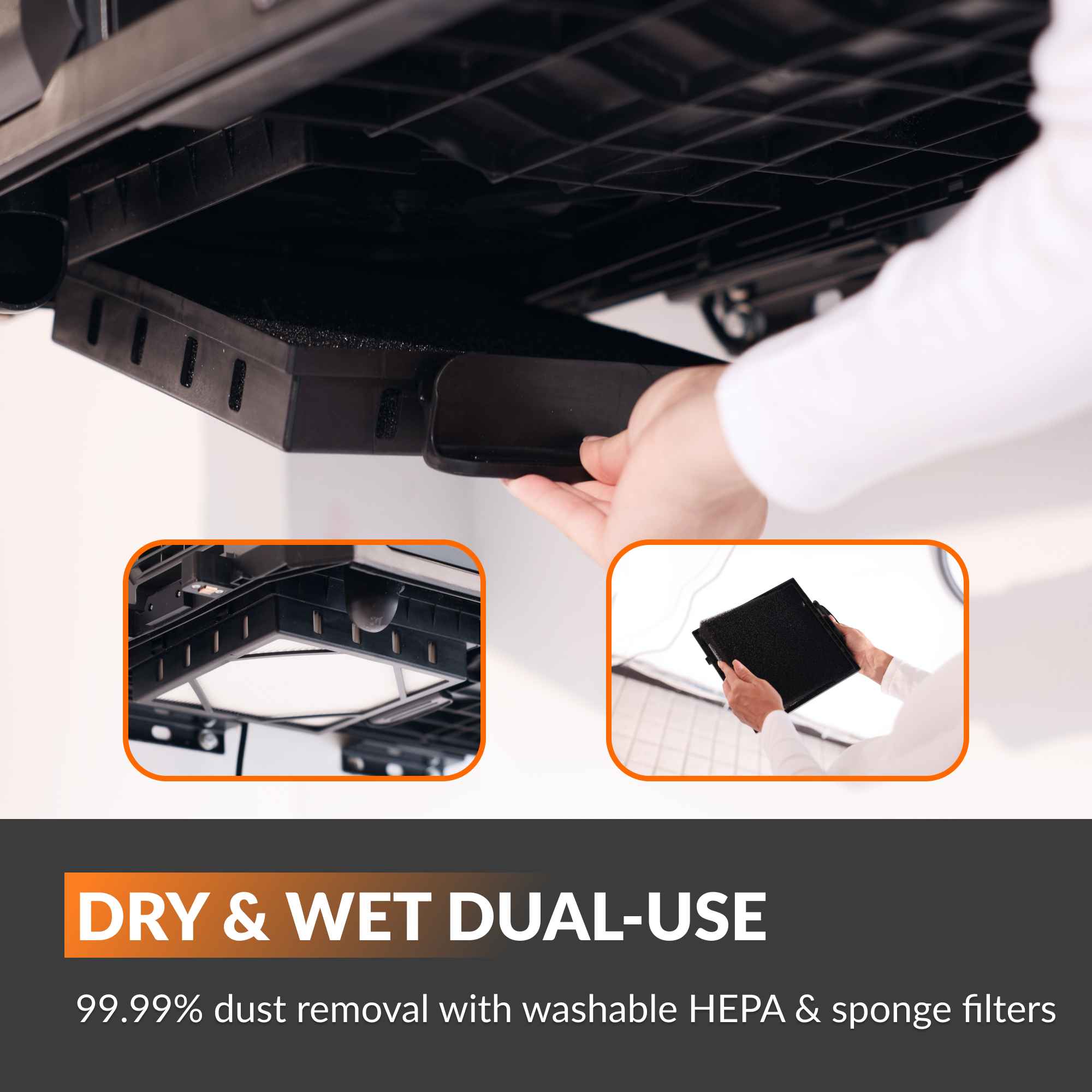 Person replacing a filter in an air purifier with text highlighting dual-use features.