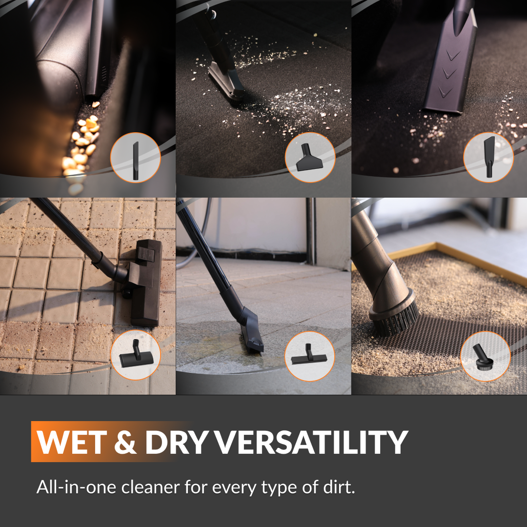 Collage of a vacuum cleaner cleaning various surfaces with text highlighting its wet and dry versatility.