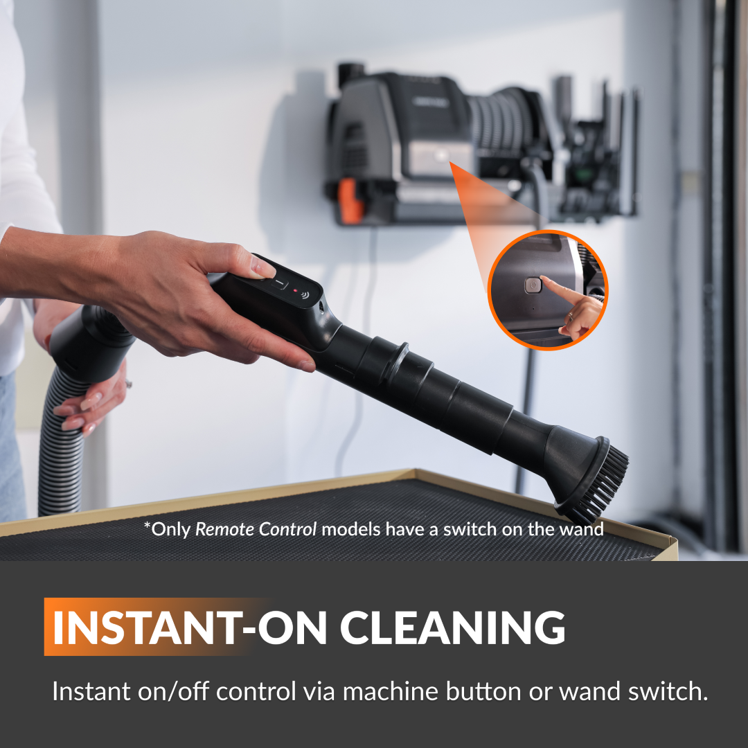 Person using a handheld cleaning device with 'Instant-On Cleaning' feature highlighted.