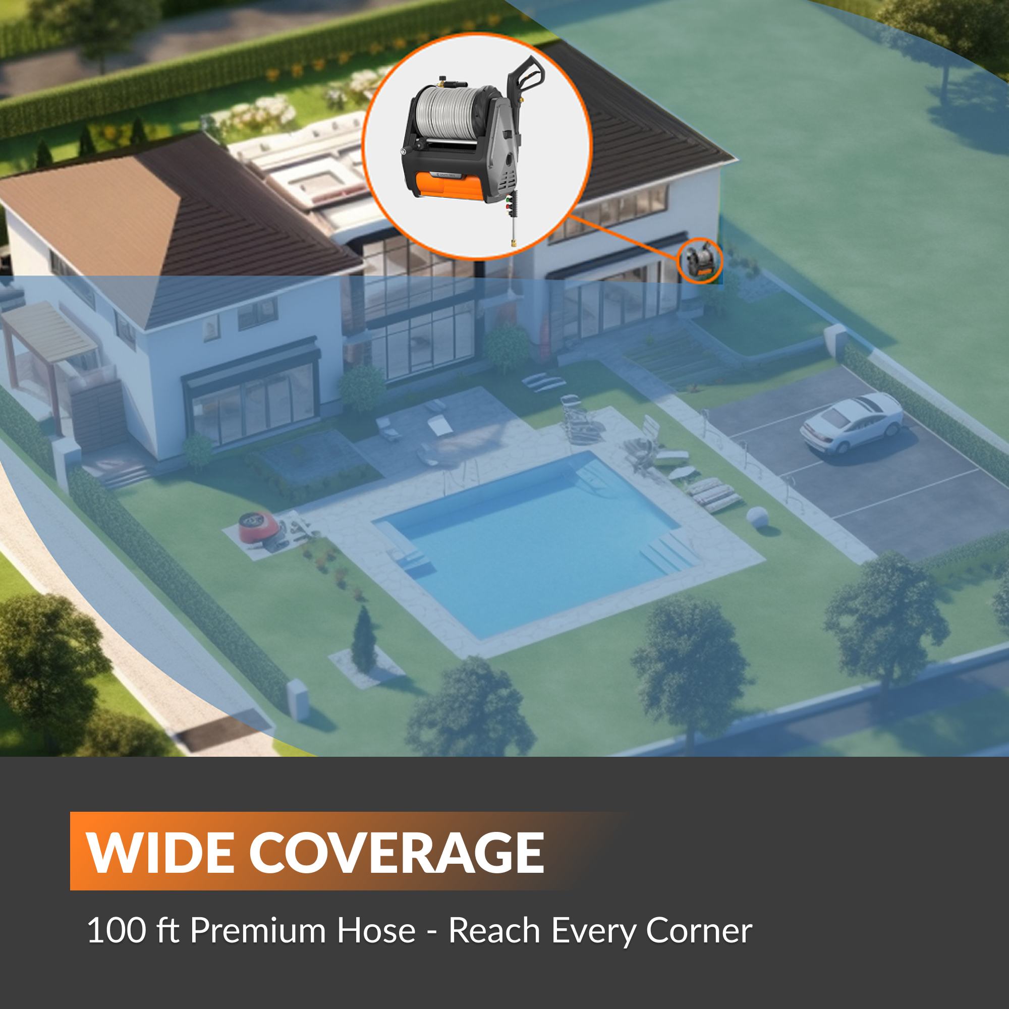 Aerial view of a house with a pool, highlighting a wide coverage feature for a 100 ft premium hose.
