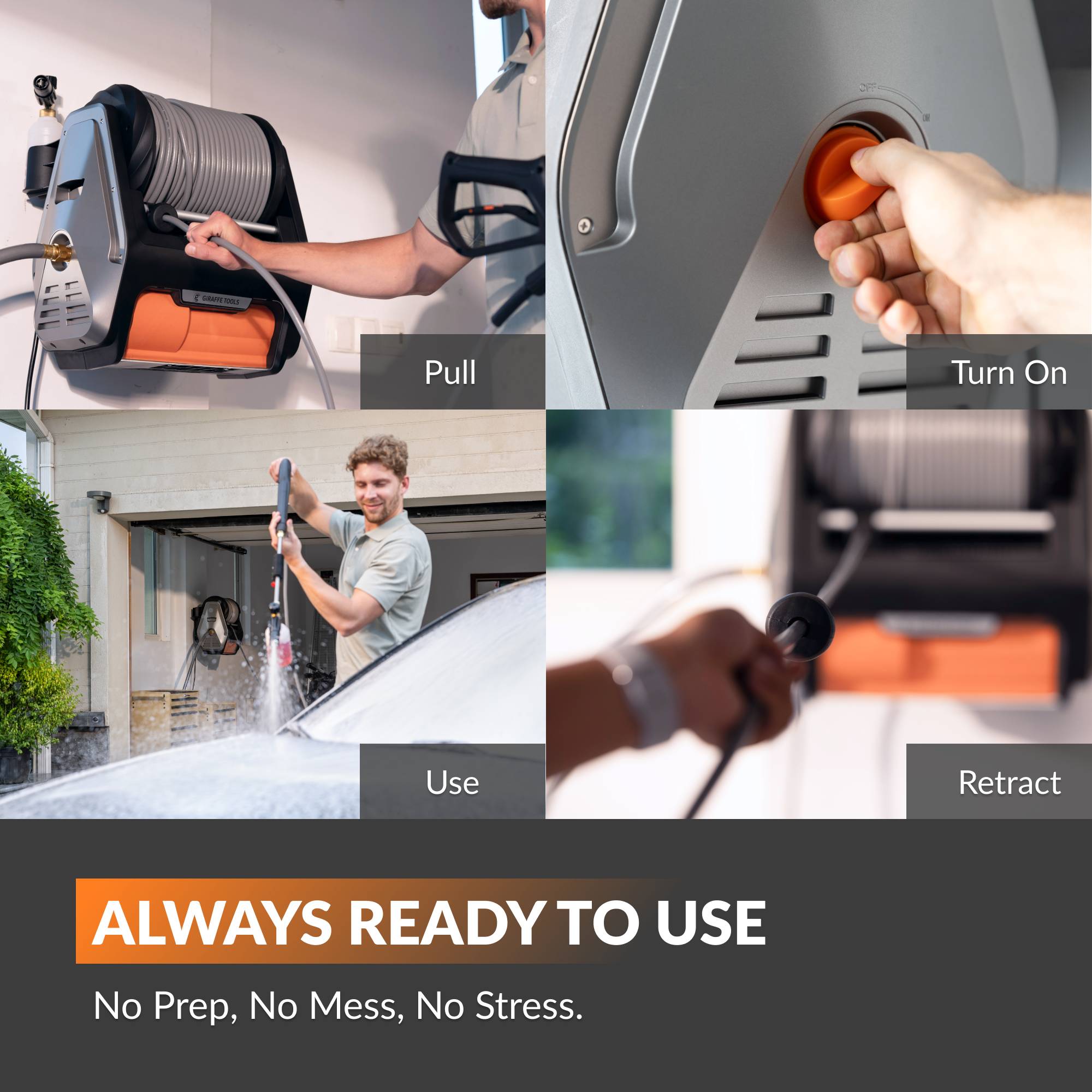 Collage of a car washing system with labeled steps and a promotional tagline.