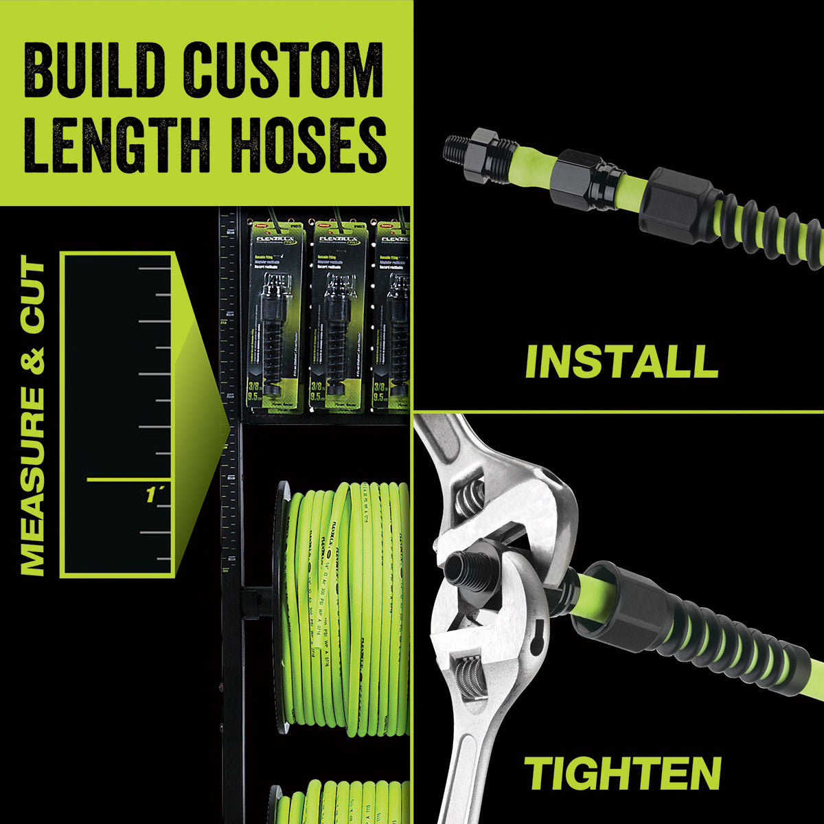 Collage of a green hose with tools and text on a black background